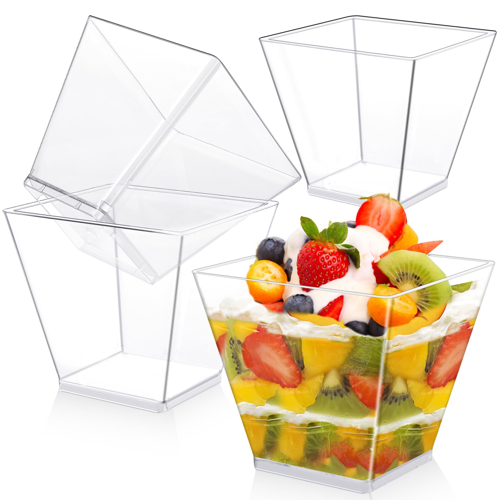 Plzrme 50 Pack Clear Square Plastic Dessert Cups, 3.5 Oz, Reusable, Modern Design, Small Parfait Cups for Desserts, Appetizers, Pudding, Yogurt, Snacks, Ice Cream