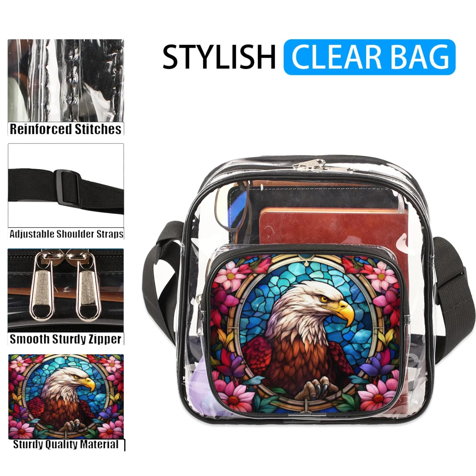 Clear Crossbody Bag Stadium Approved Eagle's Transparent Bag for Festivals, Sports Events, Concerts,Beach Bag for Women Men Animal Clear Purse with Front Pocket Messenger Bag with Adjustable Strap