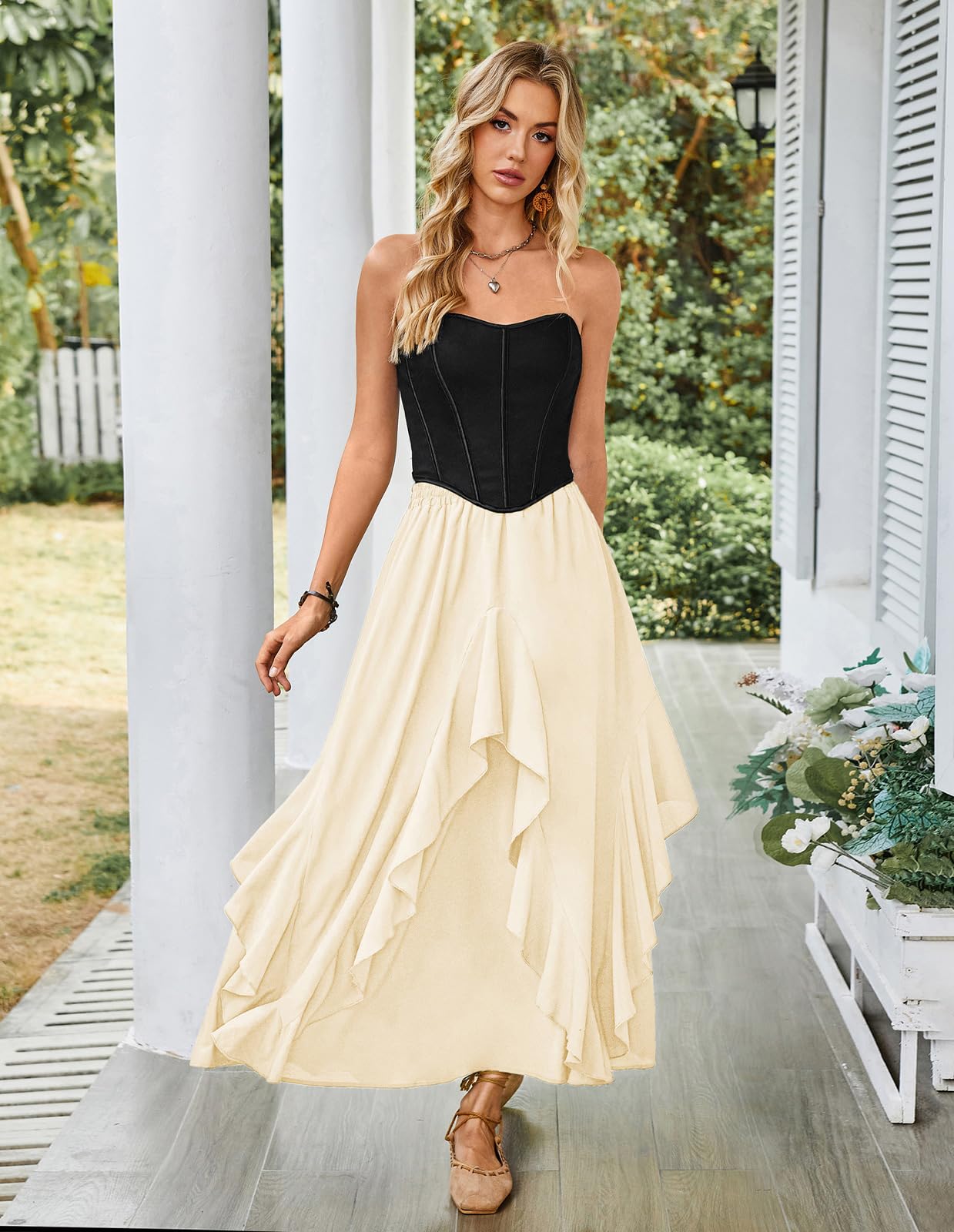 Scarlet Darkness Gonna lunga da donna con volant, fluida, rinascimentale, maxi