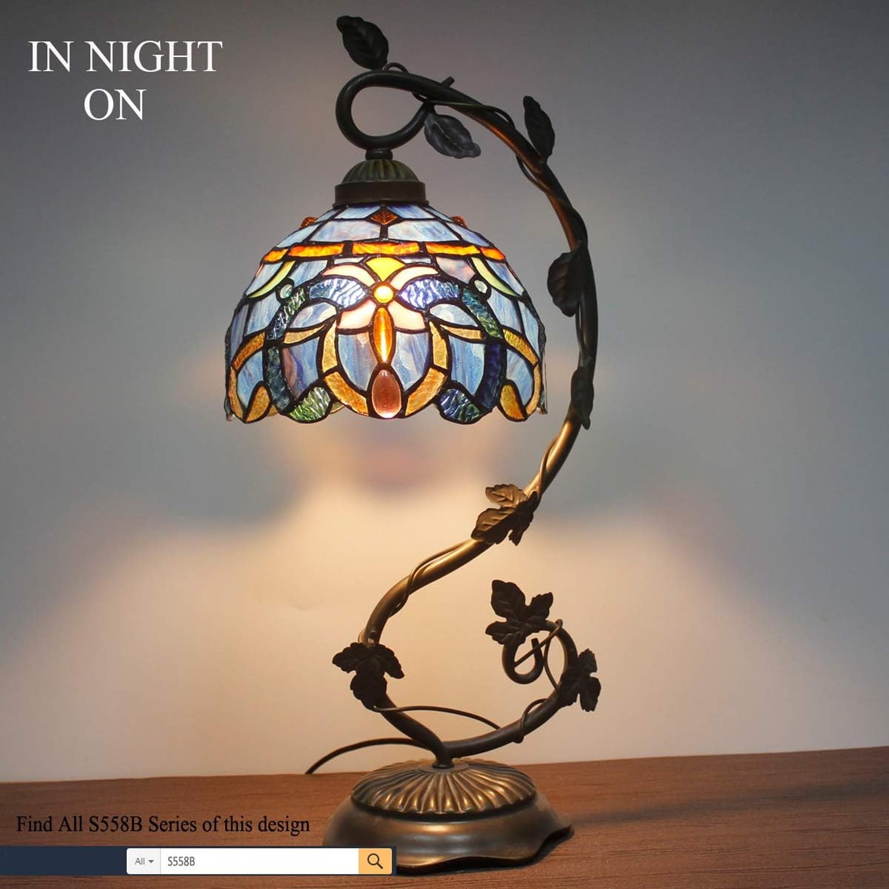 WERFACTORY Tiffany Lamp - Lámpara de mesa de cristal azul nublado, base de hoja de metal, 8 x 10 x 21 pulgadas, luz de escritorio de lectura, decoración de espacio pequeño, mesita de noche, dormitorio