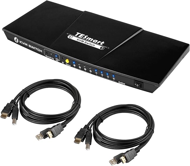TESmart 4 Port HDMI KVM Switch 4K Ultra HD 3840x2160@30Hz | 4x1 KVM Switcher 4 PC 1 Monitor with 2x1.5m KVM Cables Supports USB 2.0 Devices Controls up to 4 Computers/Servers/DVR-Matte Black