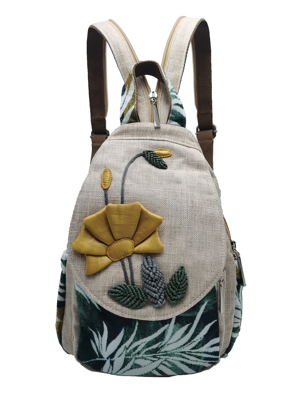 HUANGGUOSHU Women Cotton Woven Bohemian Hemp Boho Canvas Embroidery Multi Pocket Retro Cute Backpack Wallet Backpack（Piranha）