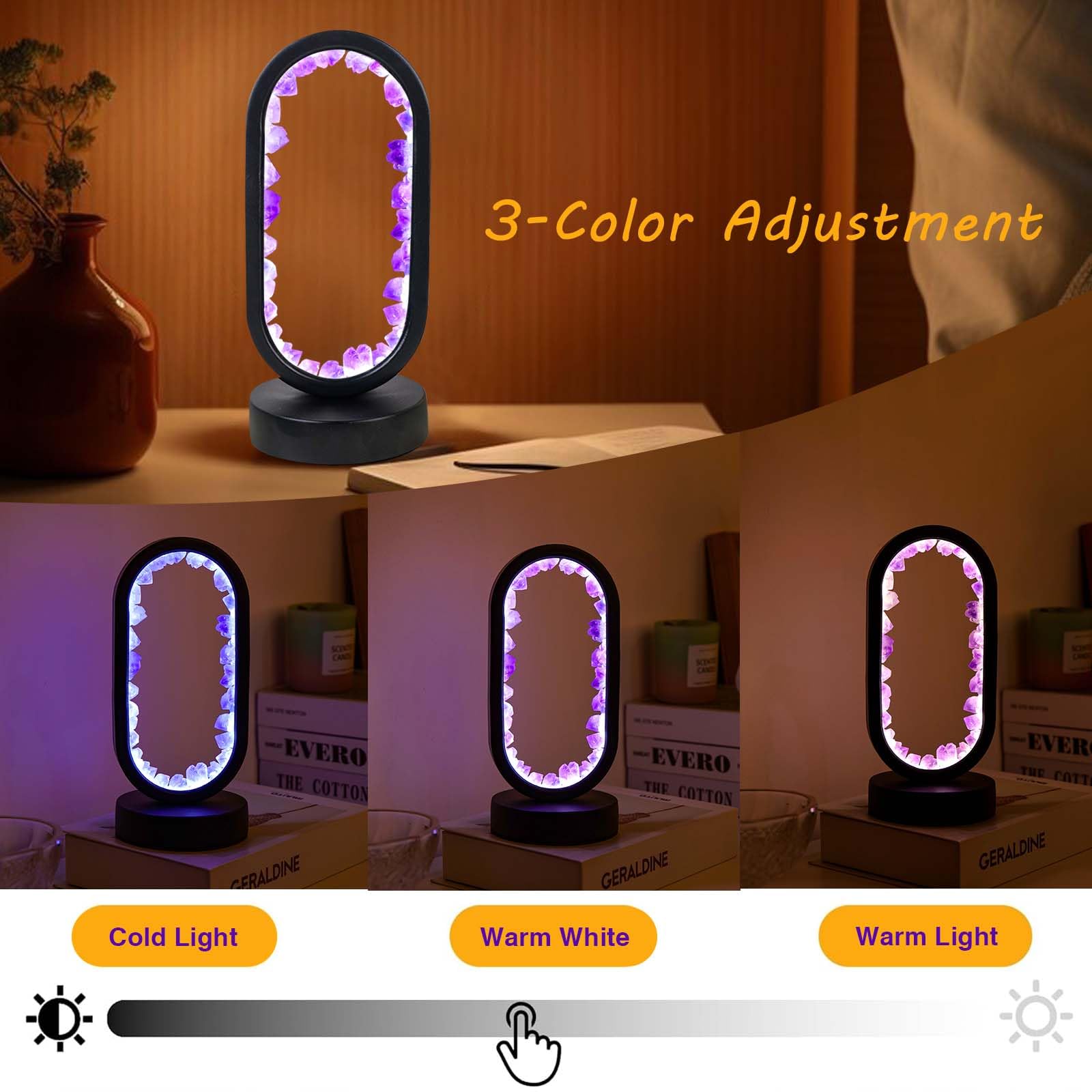 RJINGSHI Healing Crystal Night Light Table Lamp Natural Amethyst Gemstone Bedside Lamp USB-Powered Three-Colour Dimming Mode Ambient Light for Living Room Bedroom Office Home Decoration (Black) - Image 4