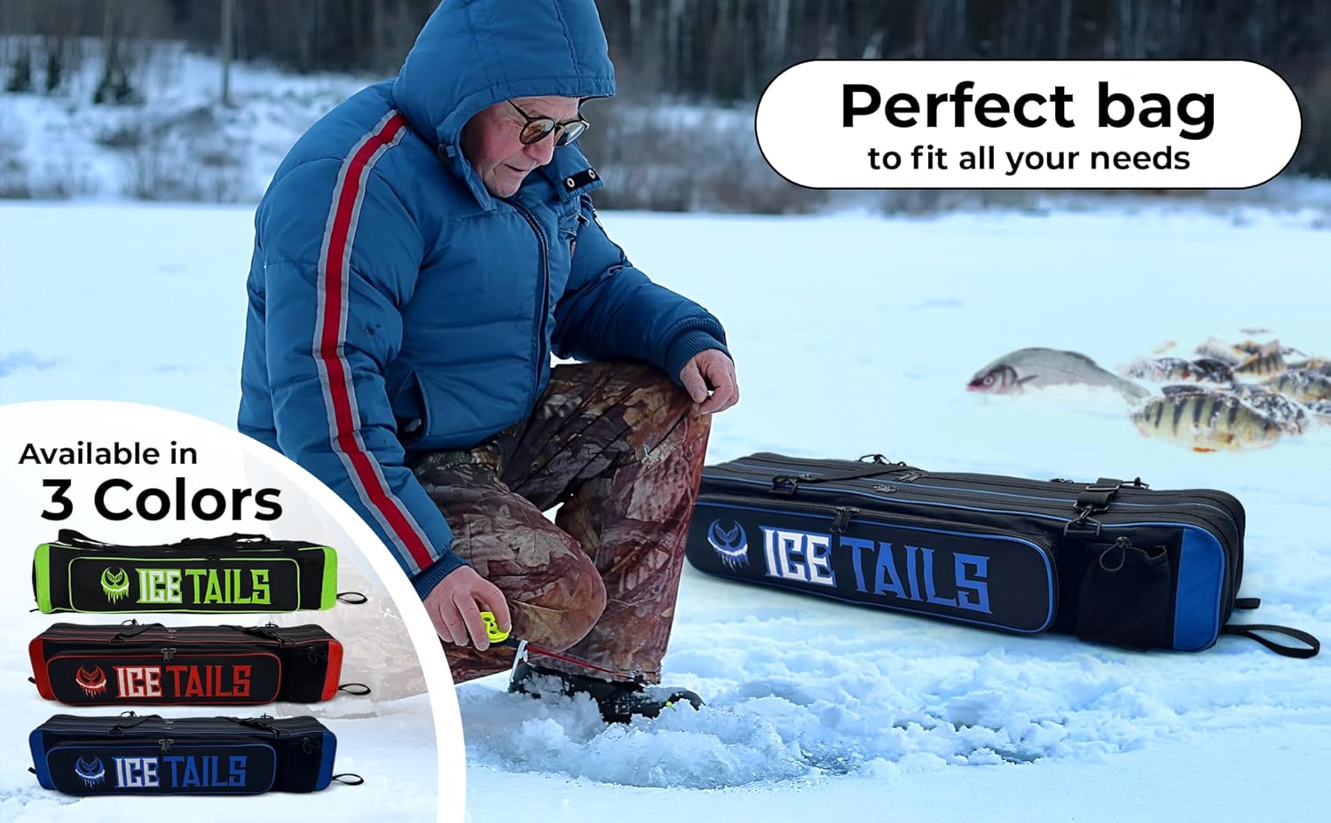 ICE Fishing Rod Tackle Bag - 36.5' X 8' X 6' Soft Sided Traveling Case, Water Proof Multi Use Storage for ICE Tungsten Jig Box, Tip Up Gloves (BLUE)