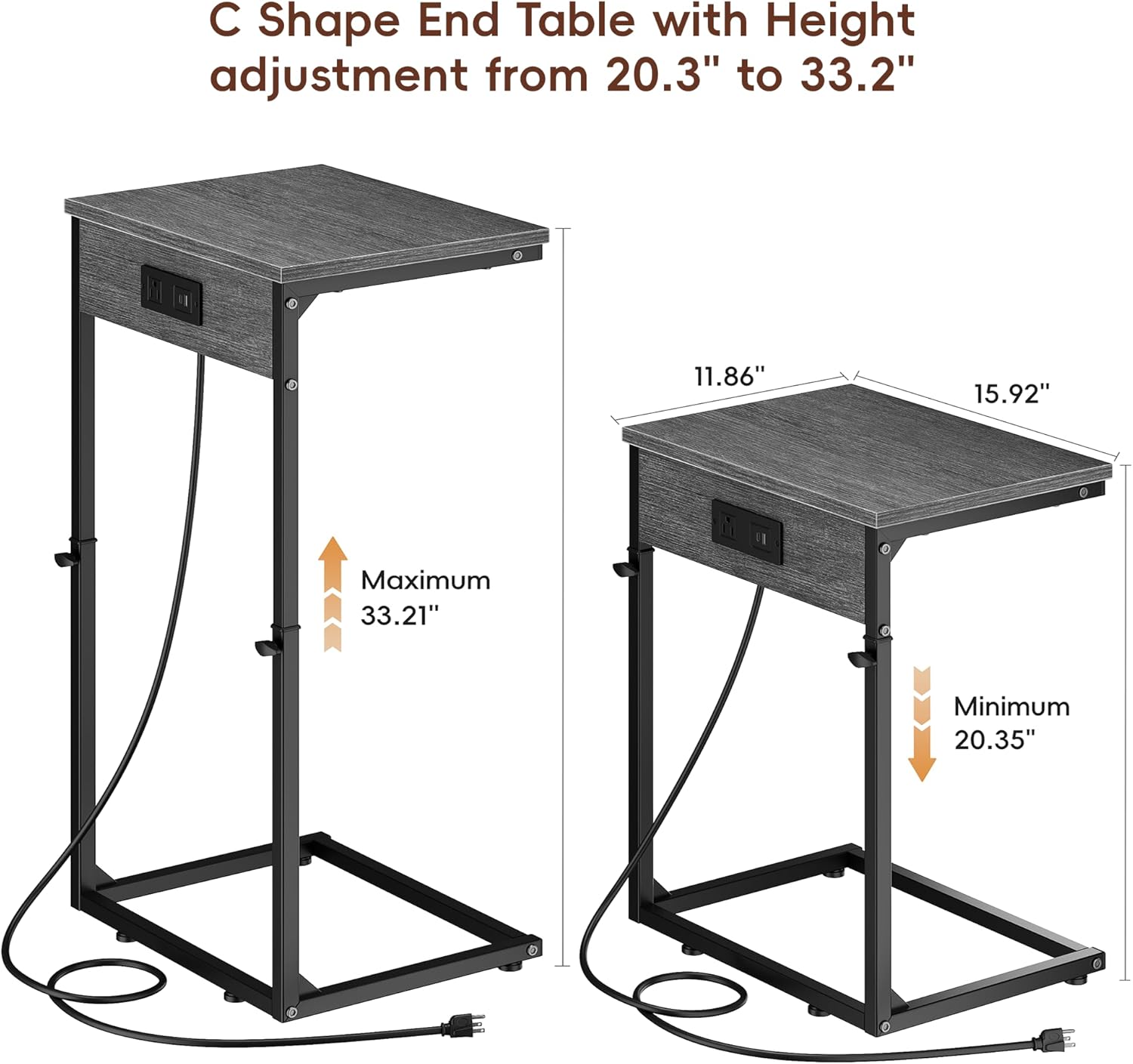 Vagusicc C Shaped End Table with Charging Station, Adjustable Height Side Table for Couch, Small Side Table, 33.2'' Tall Couch Tables that Slide Under, Tv Tray End Table for Living Room, Gray Walnut
