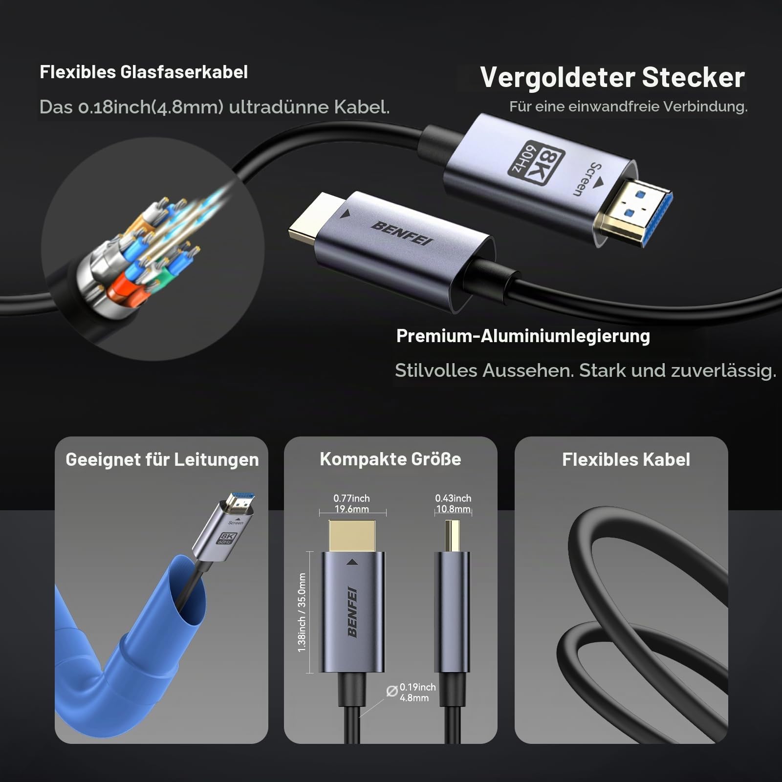 BENFEI 8K HDMI 2.1 Glasfaser kabel 30M–8K@60Hz, 4K@240Hz, 48Gbps High Speed, CL3 (wandtauglich), mit eARC/Dynamic HDR/HDCP 2.3–für PS5, Xbox, PC-Grafikkarte, Fernseher, Projektor und Heimkinosysteme