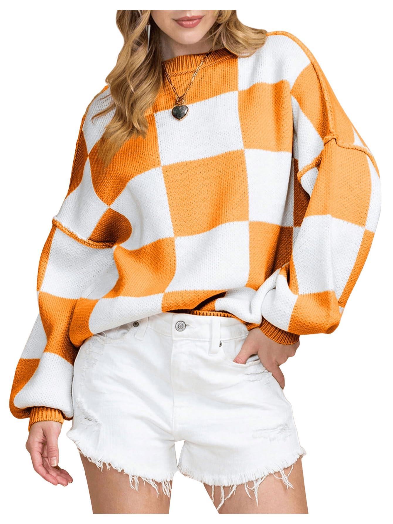 SOLY HUX Womens Checkered Sweater Oversized Chunky Sweaters for Women Trendy Knitted Pullover Cute Plaid Jumper Tops