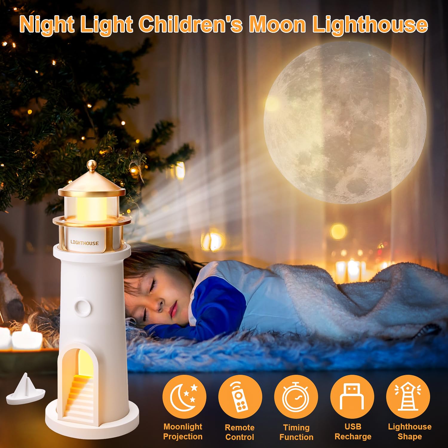Vibbang Decoración de Faro, Lámpara de Faro Luna, Lámpara de Faros de Proyección de Luna con Control Remoto, Lámpara de Noche Creativa de Torre Regalo de Faros de Lunas para Niños Dormitorio