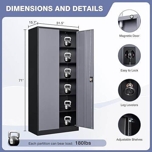 Miniatura 3 de Gabinete de almacenamiento de metal con puertas de bloqueo, gabinetes de herramientas de acero con estantes ajustables para el hogar, oficina,