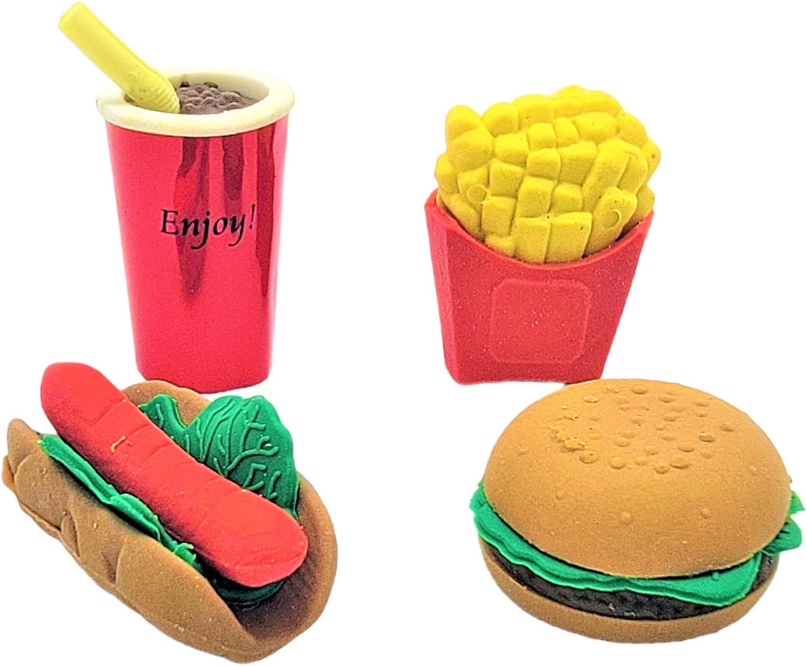 Colorful Fast Food Junk Food 3D Pull Apart Erasers (Set of 12) Mini Burgers, Fries, Hot Dogs, Drinks. Assorted.