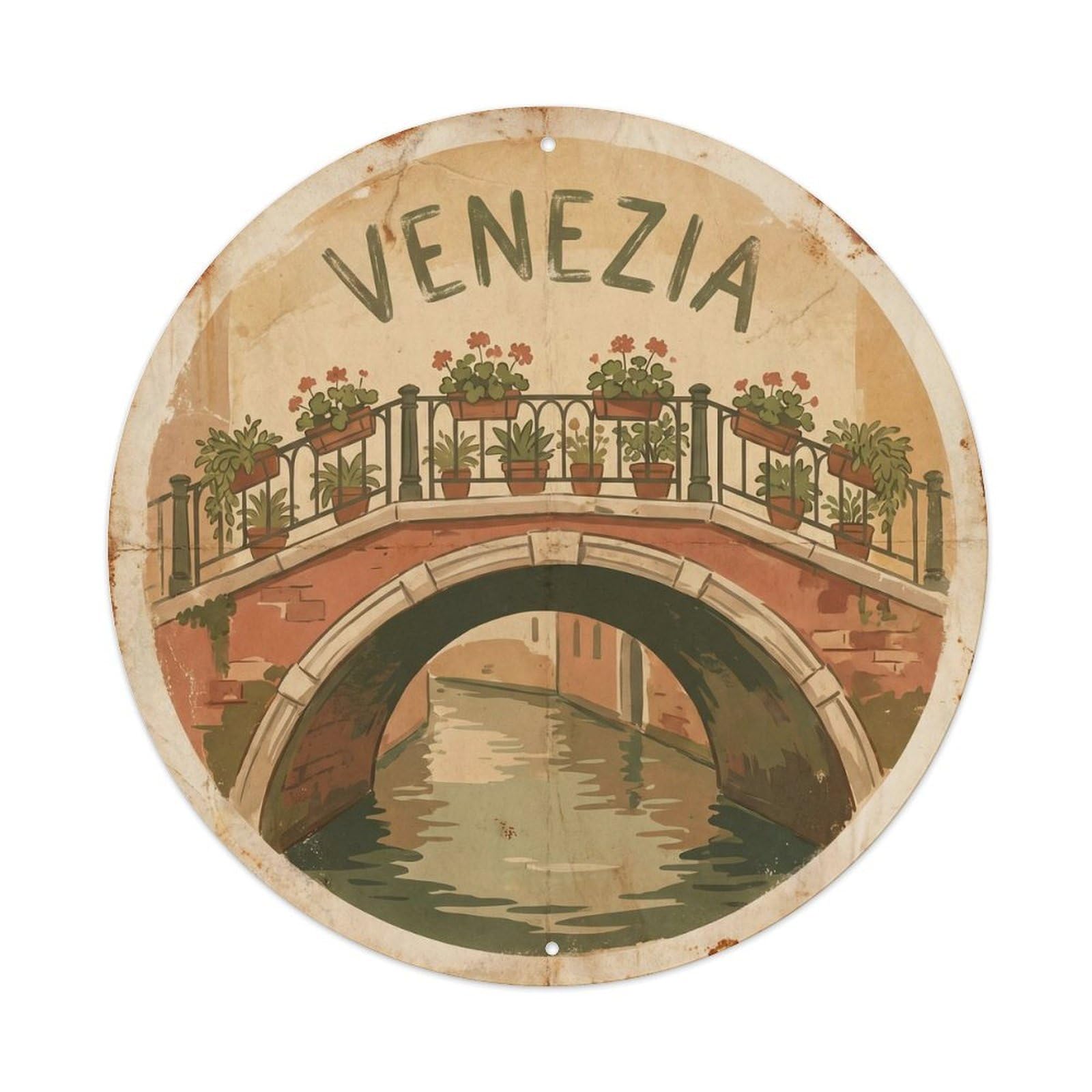 Venezia Canal Bridge Gondola Vintage Italian Tourism Metal Tin Sign Plaque Wall Decor for Cafe, Man Cave, Club Bar, Office, Home Garden Round Metal Poster 8x8Inch