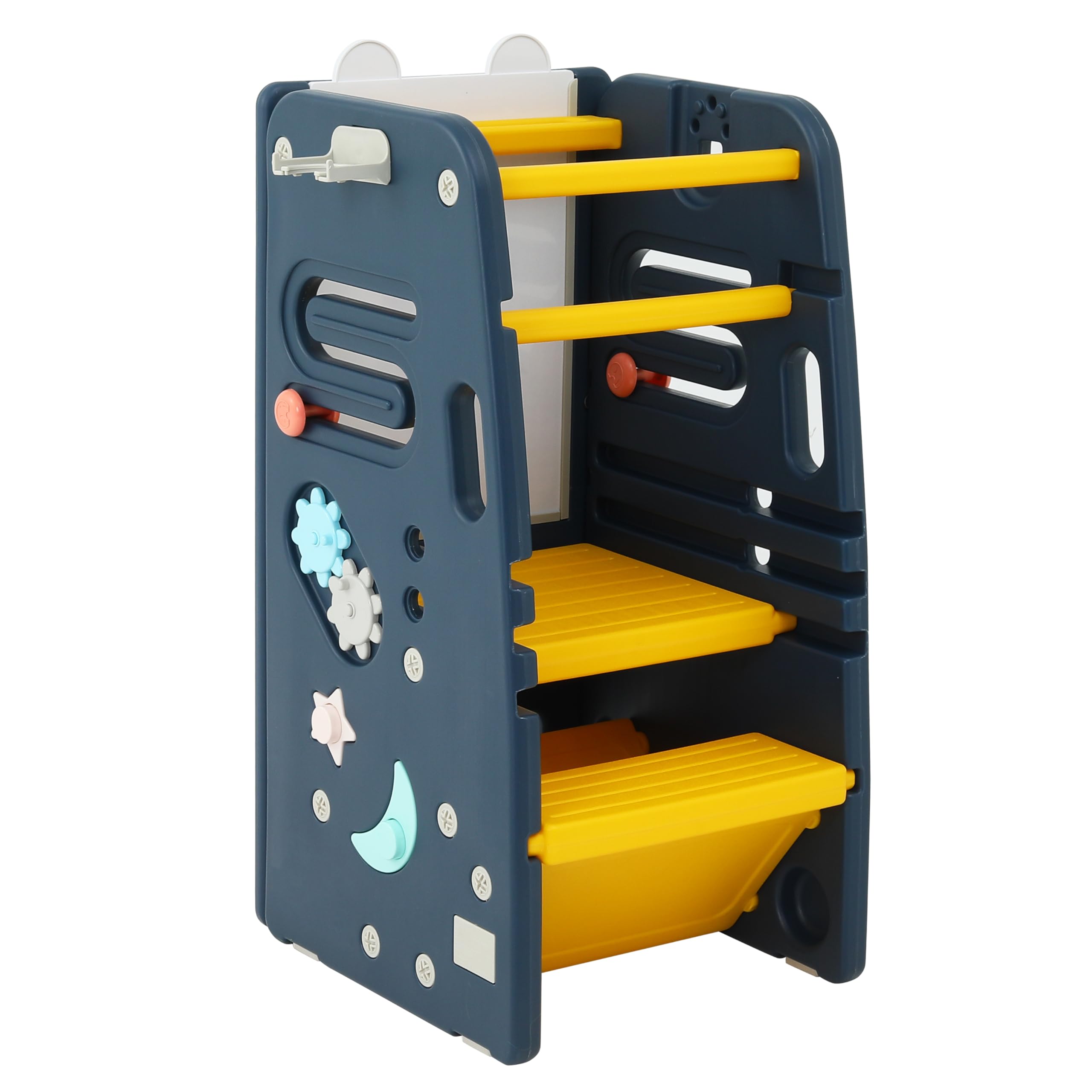 SDADI Multifunctional Toddler Kitchen Stool Helper with Double Safety Rails- Adjustable & Non-Slip Toddler Tower for Kitchen and Bathroom Use, Montessori Step Stool for Kids, Dark Blue and Yellow
