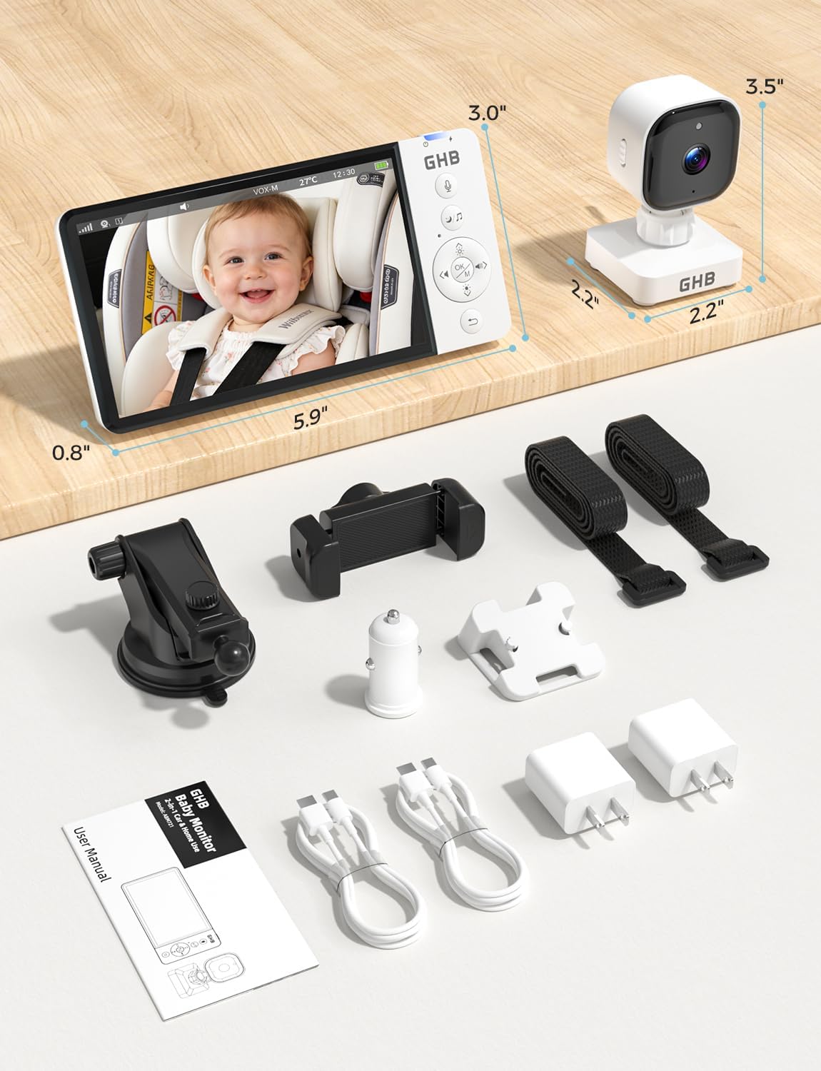 GHB Wireless Baby Car Camera 5" HD, 3500mAh Baby Monitor 2000mAh Camera Non WiFi, Temperature Alert, 720P Night Vision VOX Mode, 360° Rotatable Rear Facing Monitor Baby Essentials Gifts for Home Pets