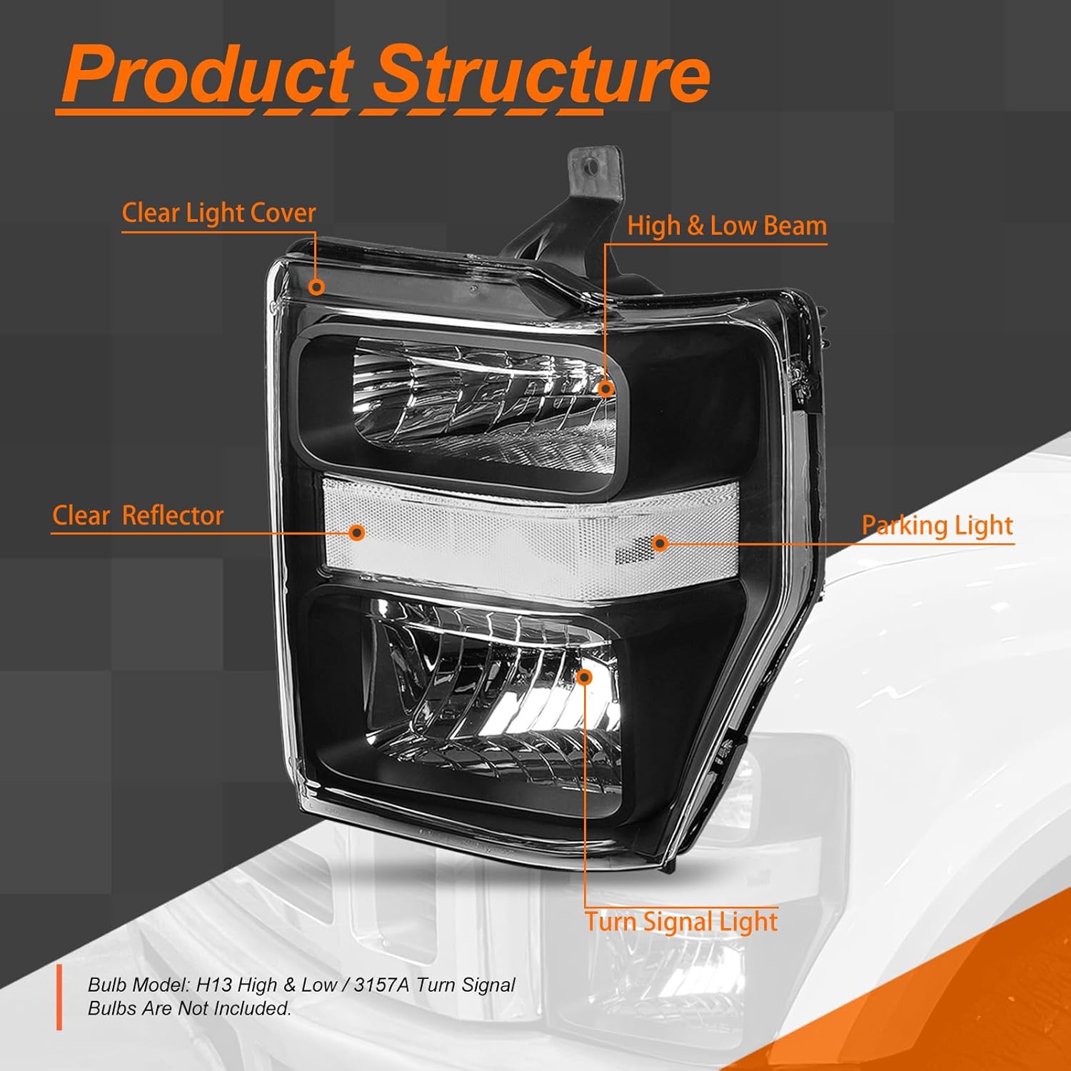 Headlight Assembly Compatible with Ford F250 F350 F450 F550 Super Duty 08-10 Left Right Headlamp Set 7C3Z13008BA 7C3Z13008AA FO2502243 FO2503243 Black Housing Clear Corner CAAP-FSUPER08-OH-BKCL-HL