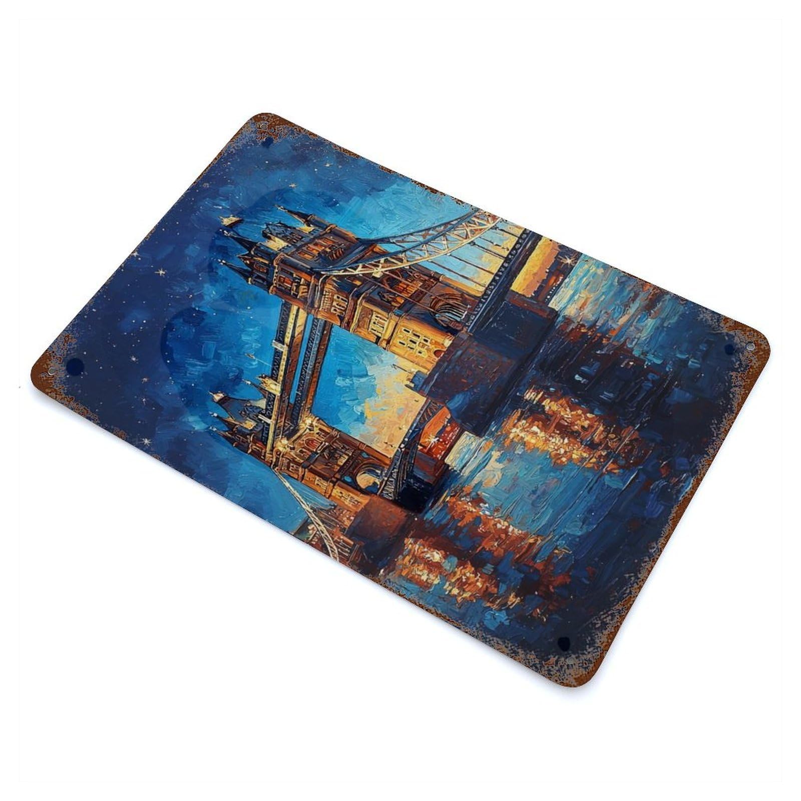 Tower Bridge Night Aged Metal Wall Plaque 11.8"x7.9", Industrial Home Decor for Pub, Kitchen And Man Cave Decor