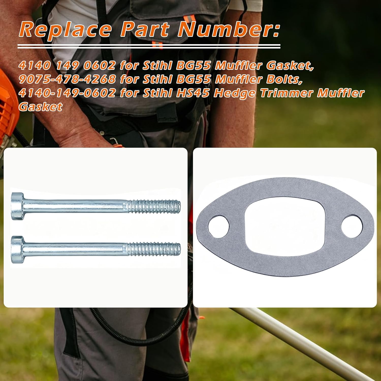 Muffler Exhaust Gasket Kit with Bolts, Replace 4140 149 0602 9075‑478‑4268 for Stihl BG45 BG55 BG65 BG85 SH55 SH85 FS38 FS55 HS45 FC55 MM55 KM55R Leaf Blower Trimmer Hedge Trimmer Edger Tiller Parts