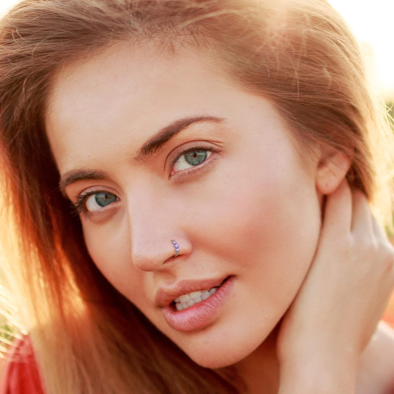 Cute Gold Nose Ring - Handmade Comfortable 14k Gold Nose Ring with Pink Opals - Hypoallergenic 7mm Thin 24 Guage Gold Piercing Hoop - Image 3