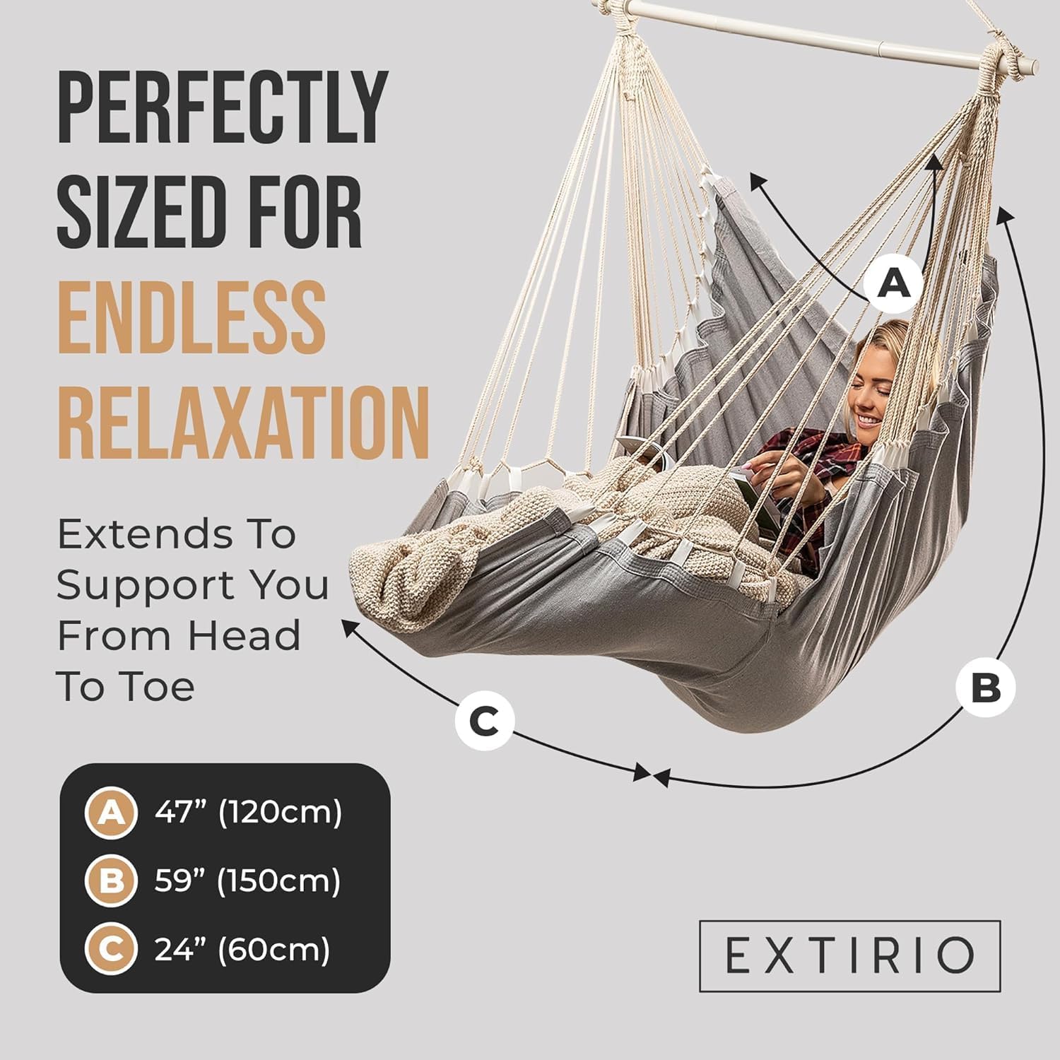 hanging hammock chair swing – hanging chair outdoor & indoor - hammock swing chair – quick & easy setup with hardware kit – durable & spacious full body support with 2 plush cushions – holds 440 lbs gray with 2 cushions