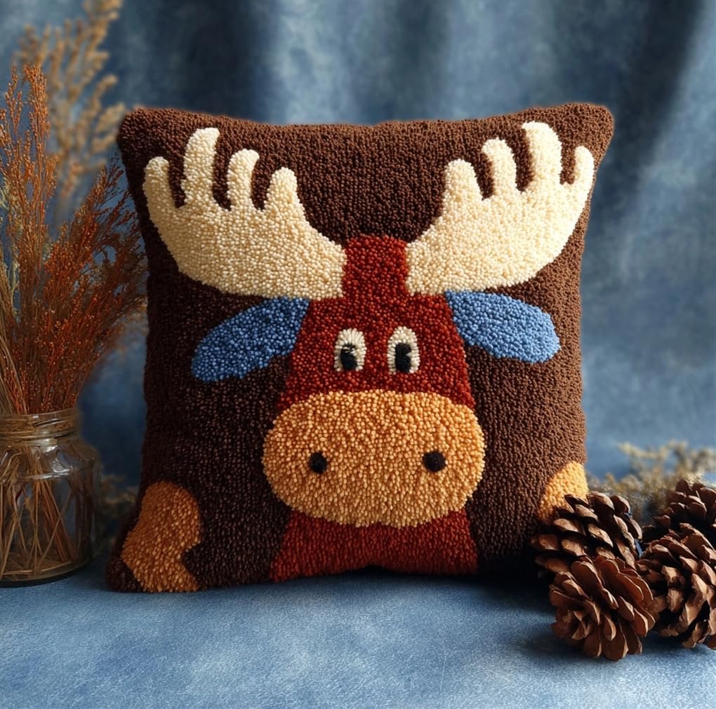 Taxpy Latch Hook Pillow Kits Moose 17X17Inch DIY Handmade Crochet Yarn Needlework Hook and Latch Kit Printed Canvas Carpet Cushion Cover Home Christmas Decoration