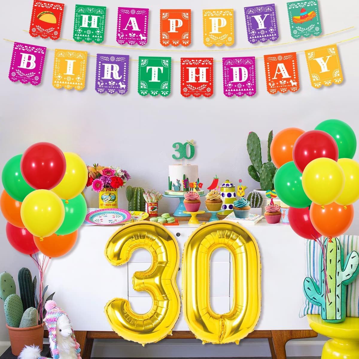 Mexican 30th Birthday Party Decorations Mexican Happy Birthday Banner Fiesta 30th Party Supplies 30 Fiesta Taco Cactus Balloon for Mexico Theme Thirty Bday Anniversary