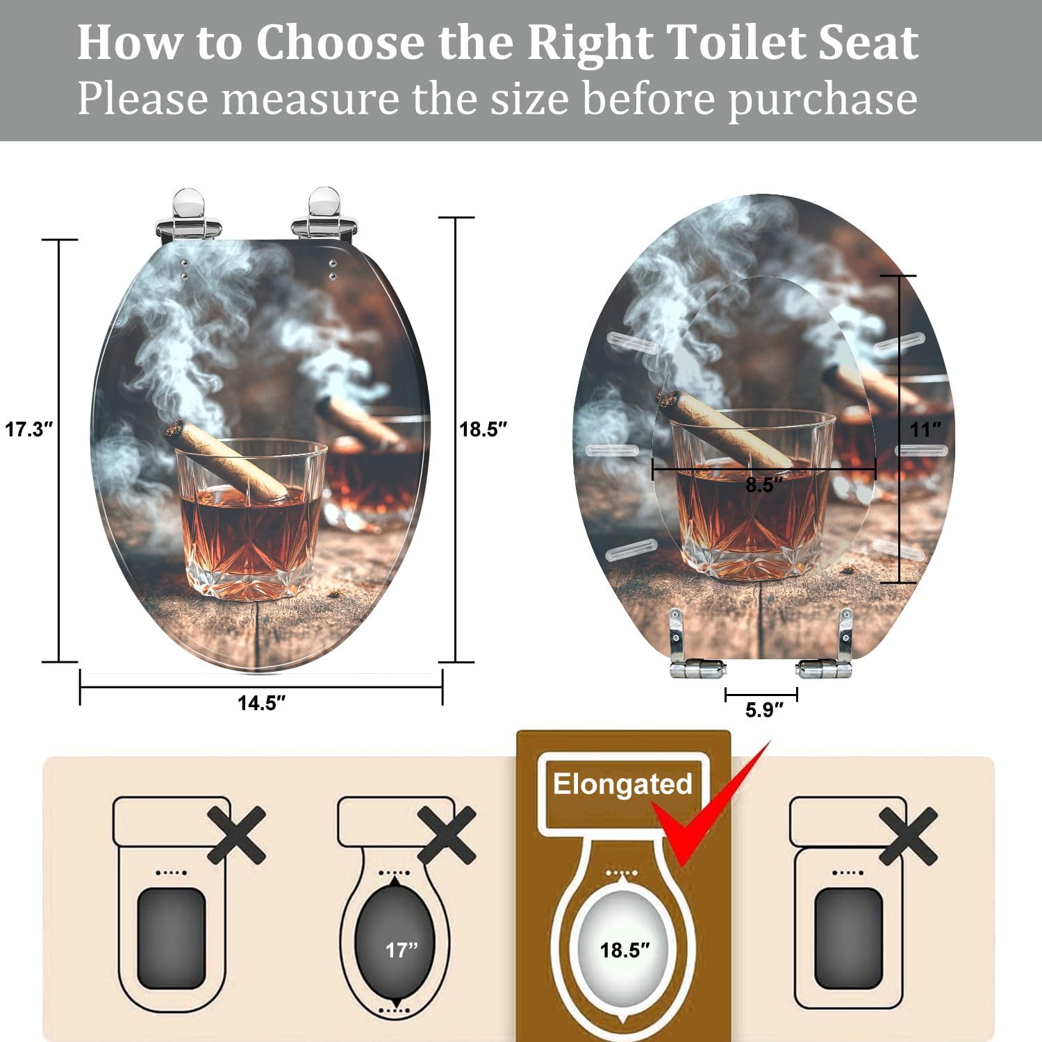 Asiento de inodoro alargado de resina y madera para baño