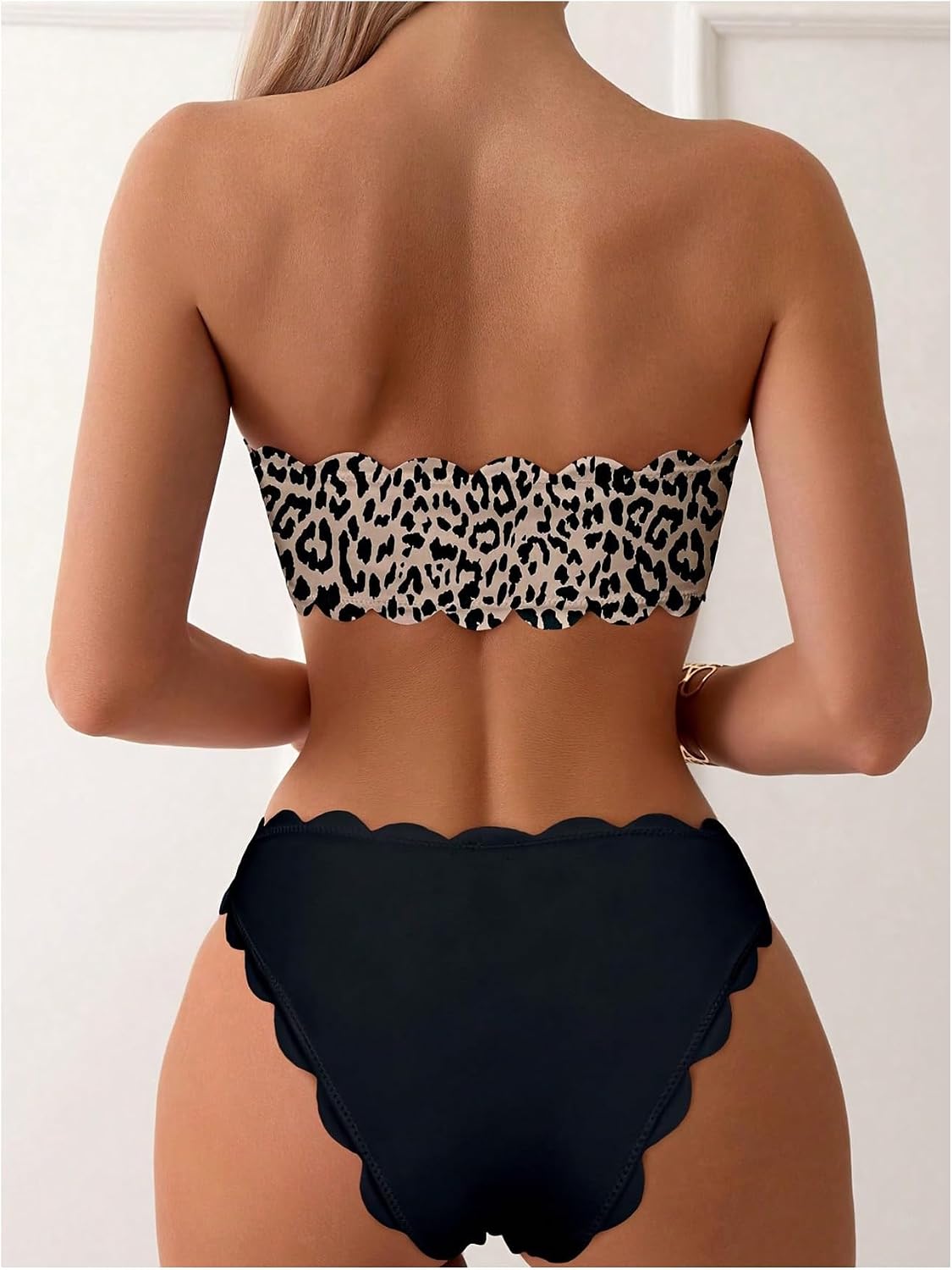 SHENHE Women's Leopard Print Bandeau Bikini Set Scalloped Lace Up Tube Strapless Swimsuits