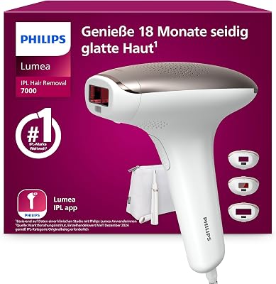 Philips Lumea IPL 7000 Series – IPL Geräte Haarentfernung für bis zu 18 Monaten seidig-glatte Haut¹ mit 3 Aufsätzen für Körper & Gesicht, Alternative zur Laser-Haarentfernung (BRI923/00)