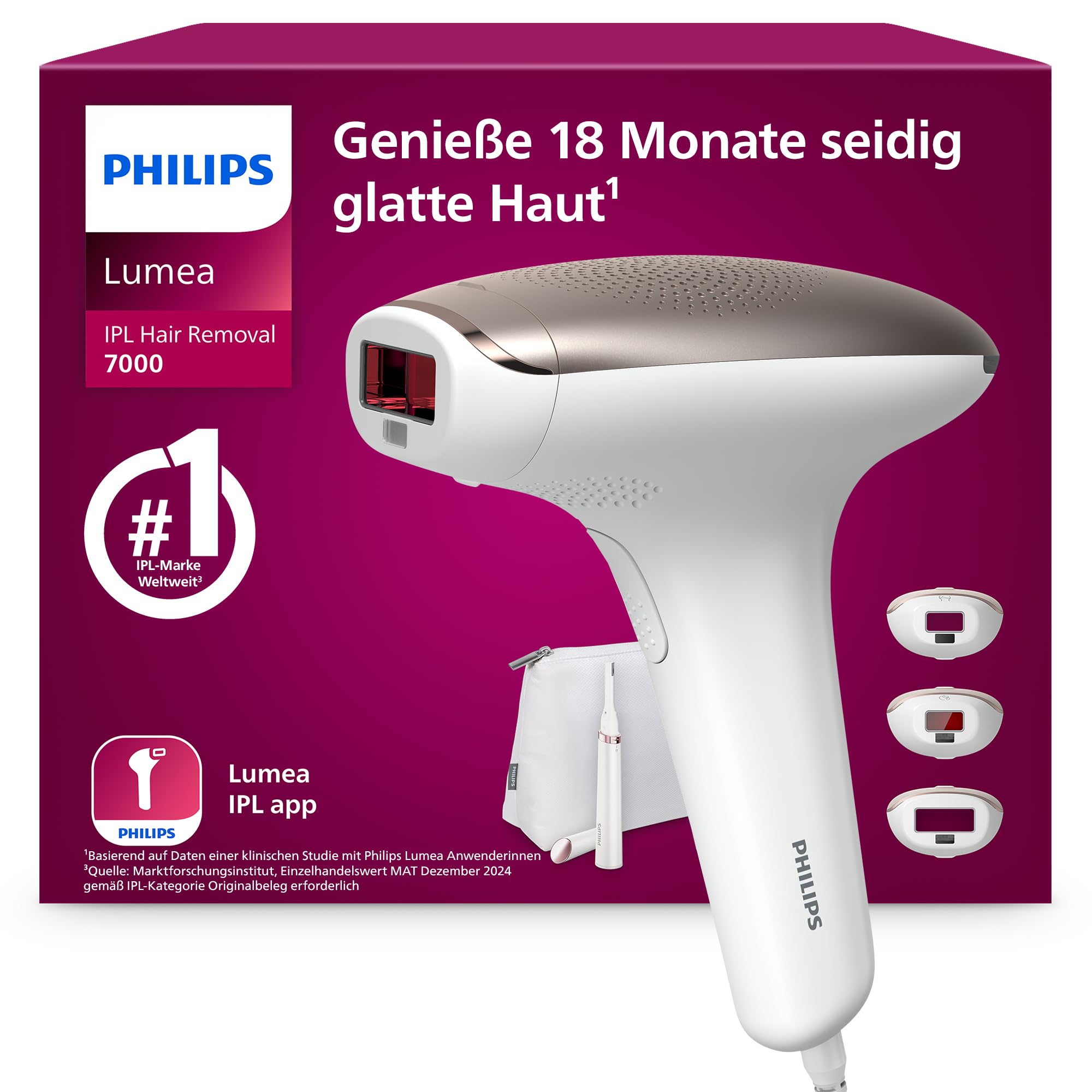 Philips Lumea IPL 7000 Series BR I923/00 – Haarentfernungsgerät mit 3 Aufsätzen (Körper, Gesicht, Bikinizone)