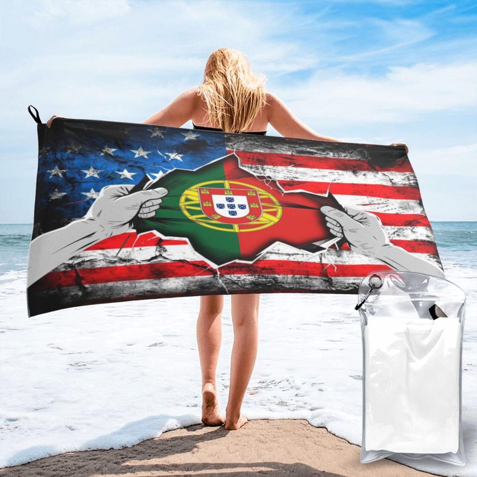 HACXZ American and Portugal Flag Vintage Beach Towel Lightweight Absorbent Beach Towel Microfiber 27.5"X55"