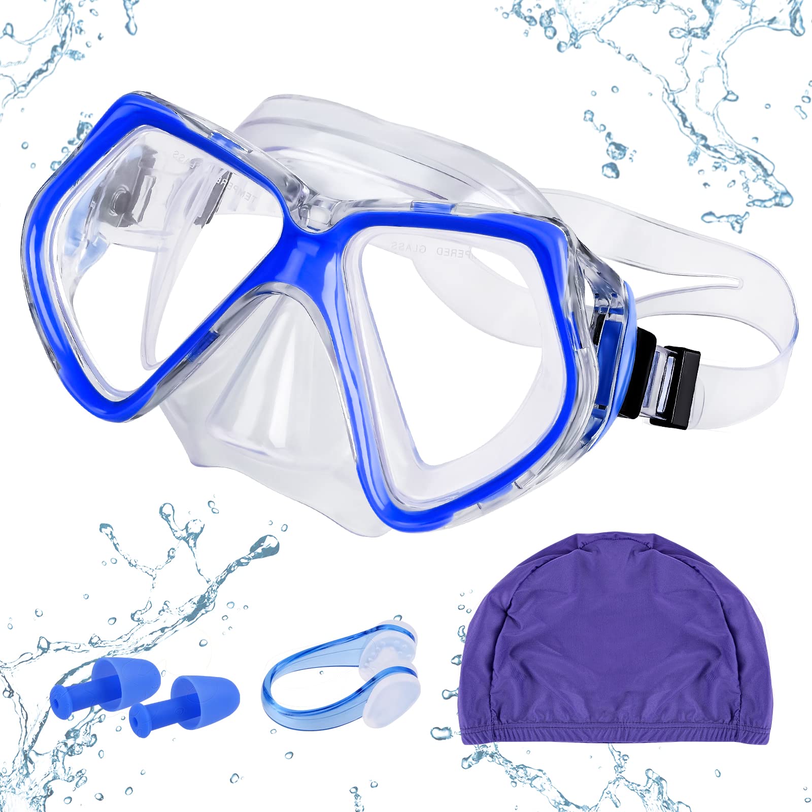 MengQiLe - Gafas de natación para adultos, máscara de buceo con lentes anchas, ajustable de 180 grados, sin fugas, antiempañamiento, con gorro de baño, pinzas para nariz, tapones para los oídos