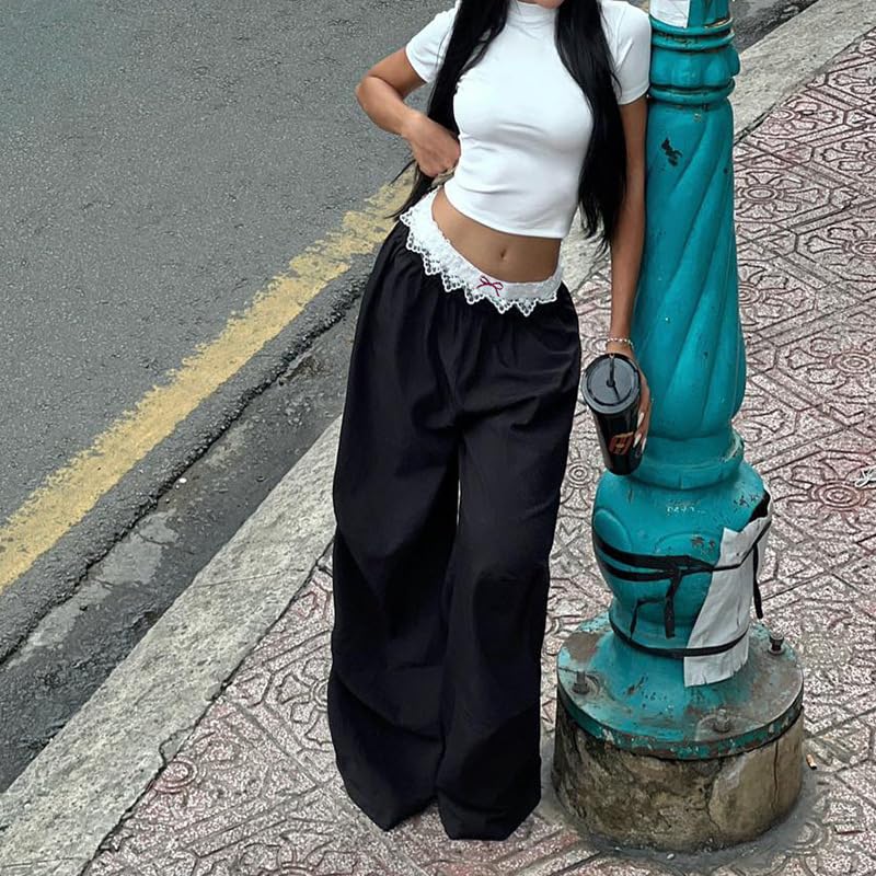 Cargo Pants for Women Y2K Low Waisted Wide Leg Fashion Streetwear Lace Casual Loose Thin Pants with Pockets4