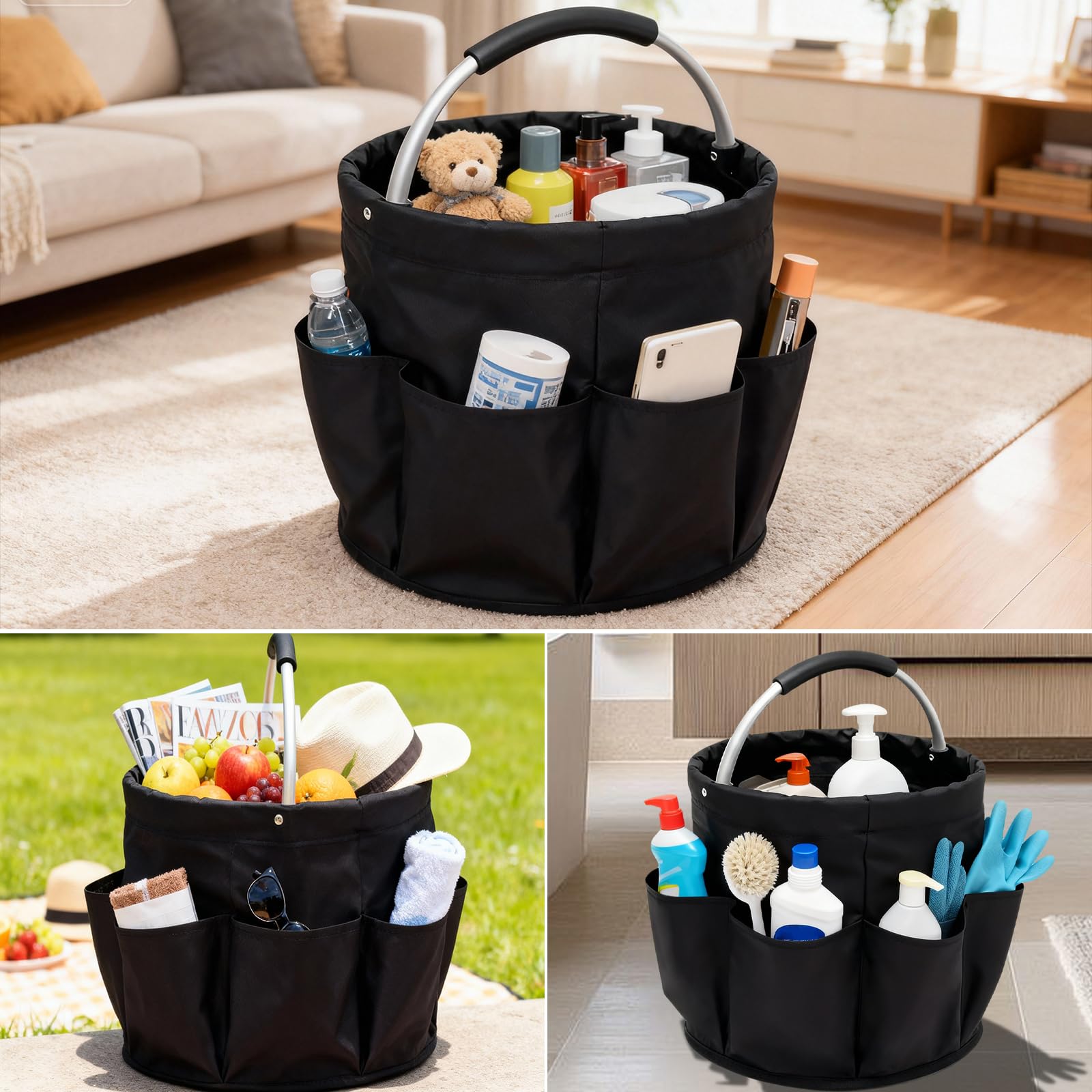 Organizer na środki czyszczące, 17 l, kosz do czyszczenia z uchwytem i 6 przegródkami, 28 x 28 cm, składana torba do czyszczenia, przenośna torba do czyszczenia, do łazienki, salonu, ogrodu