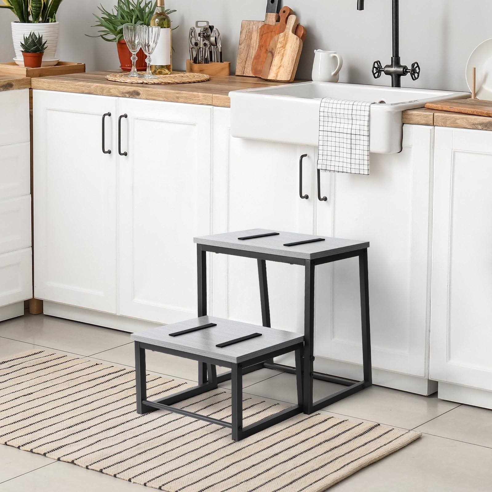 smusei Sgabello pieghevole a 2 gradini, per adulti e bambini, 3 in 1, stabile, in legno, rimovibile, per cucina, bagno, camera da letto, WC, capacità di carico 200 kg, colore: grigio