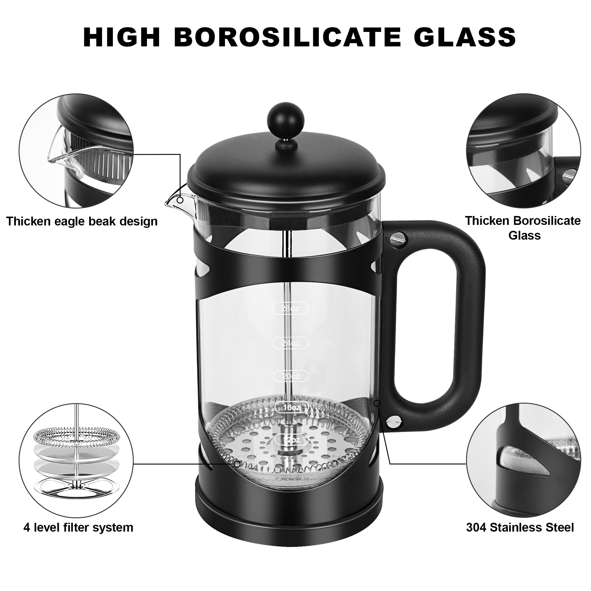 YMMIND Cafetera de prensa francesa de 34 onzas, prensa de café de acero inoxidable negro, con sistema de filtro de 4 niveles, vidrio de borosilicato de grosor resistente al calor, cafetera preparada