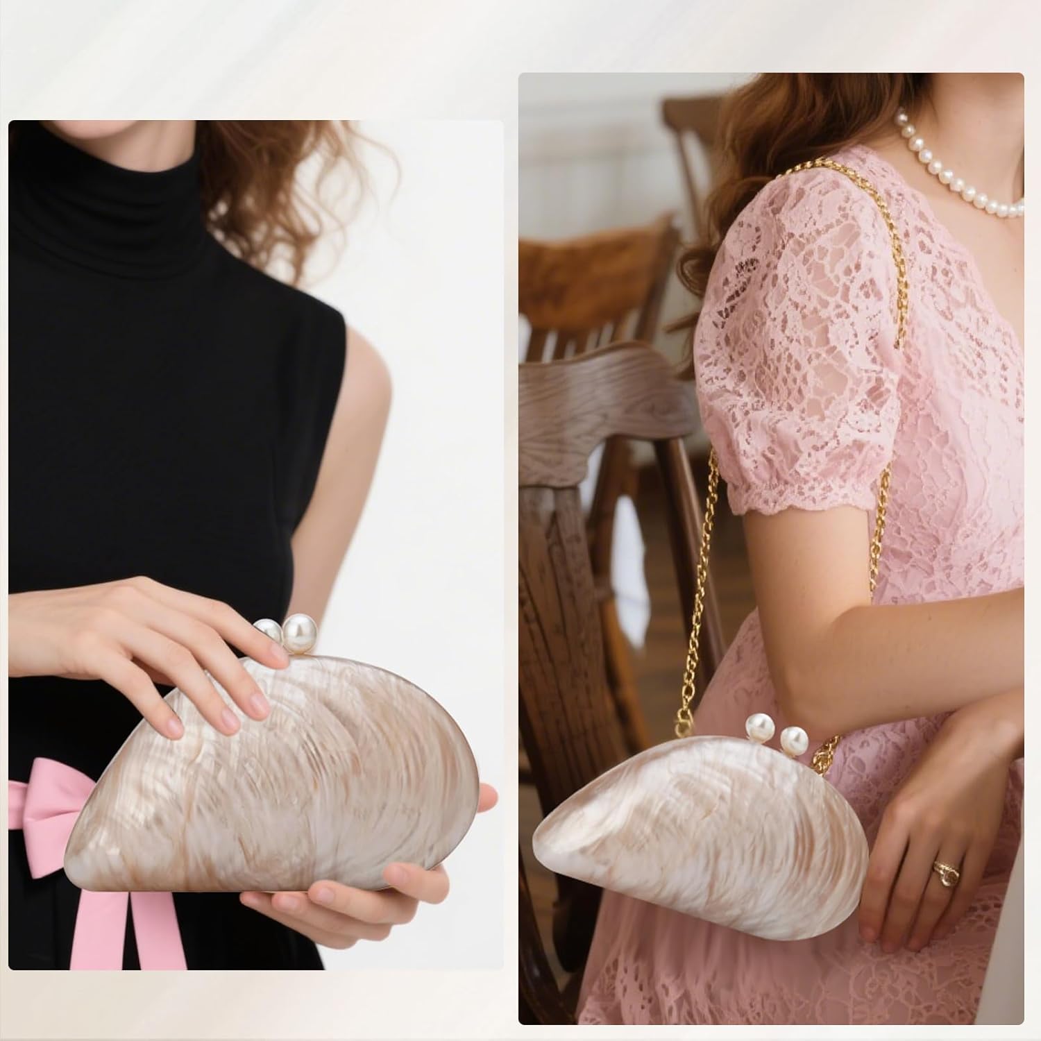 YYW Acrylic Evening Clutch Purses for Women Shell Marble Handbag Shoulder Bag with Pearl for Wedding Party Prom