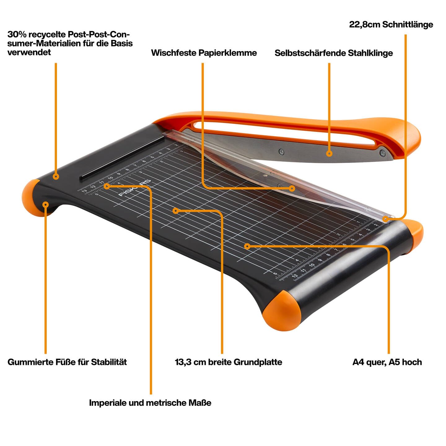 Fiskars Hebel-Papierschneidemaschine, A5-Hochformat, A4-Querformat, Selbstschärfende Klinge, Mit Fingerschutz, Bypass, Recycelte Materialien, 1077982