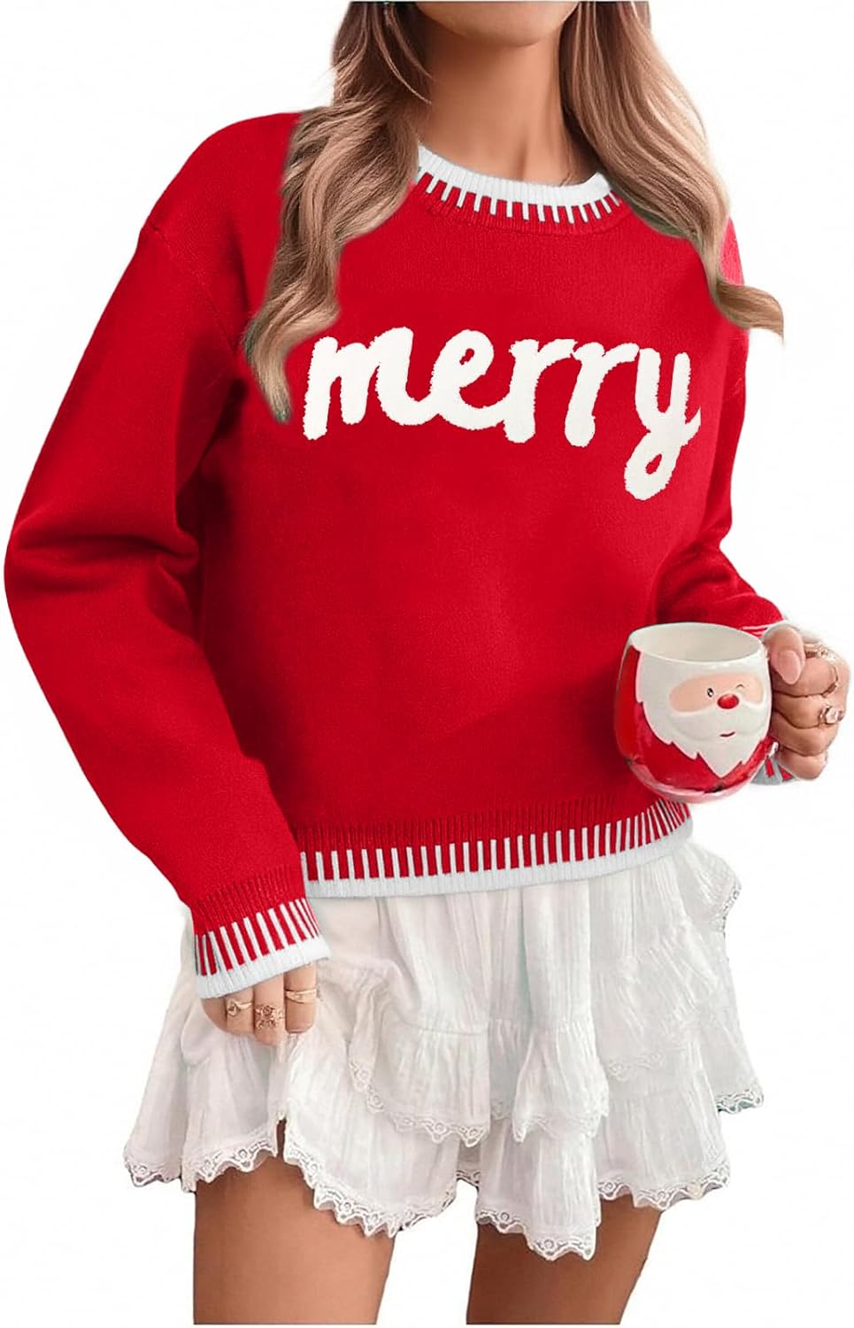 LUKYCILD Christmas Sweaters for Women Merry Sweater Long Sleeve Crewneck Sweaters Rib-Knit Sweatshirt Xmas Pullover Tops