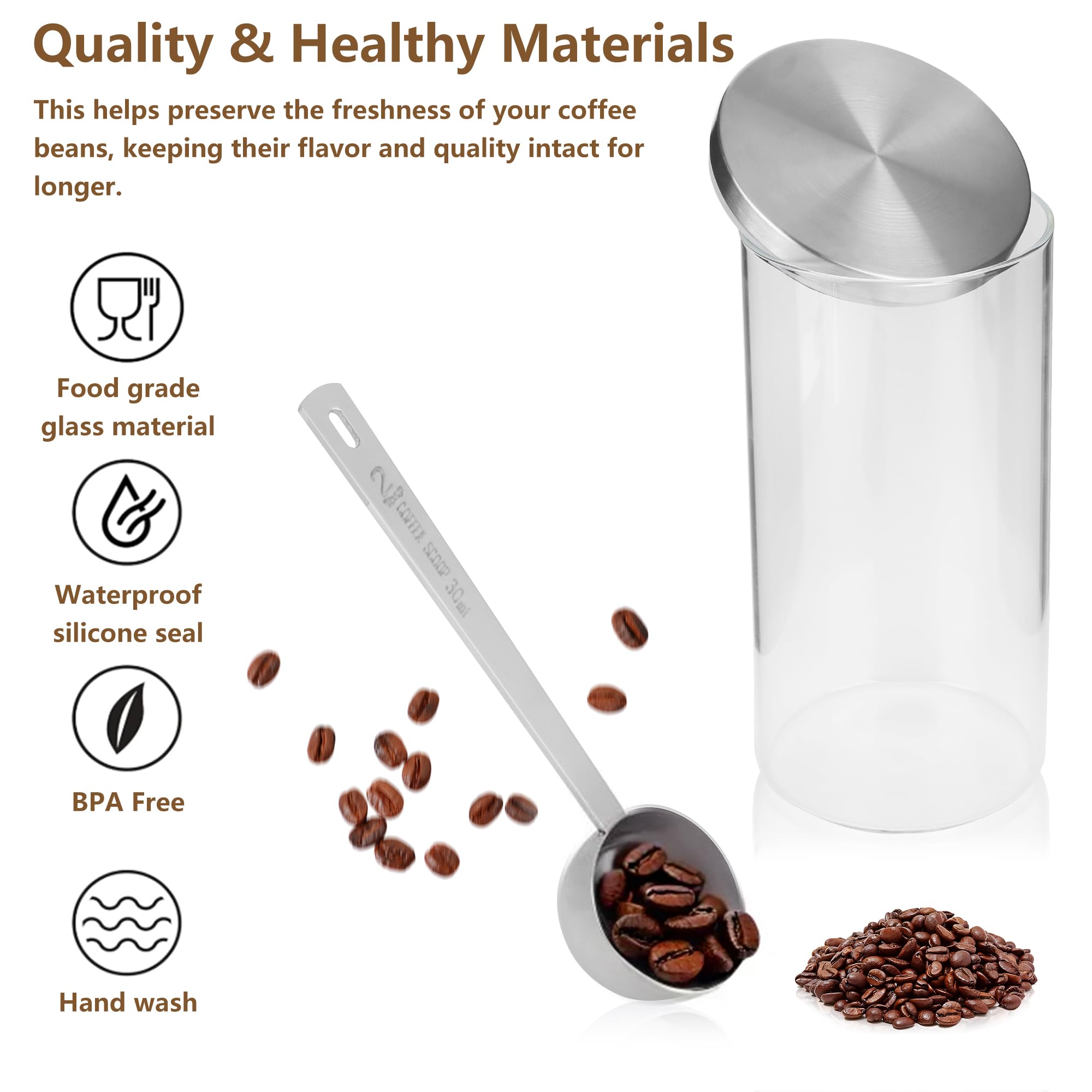 Kaffeebohnenbehälter mit Holzregal und Löffeln, luftdicht, klares Glas, ideal für Zuhause, Büro und Kaffeeliebhaber, Geschenk-Set