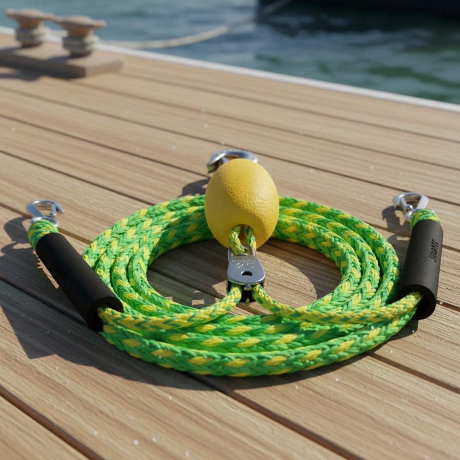Gralara Corda Traino Barca Cavo Rimorchio Fune Trazione Fune Galleggiante con Ganci Acciaio Inossidabile E Linea con Gancio, Corda Da Traino 2.4m Con Doppio Gancio, Maniglia Nera E Corda Gialla E Blu