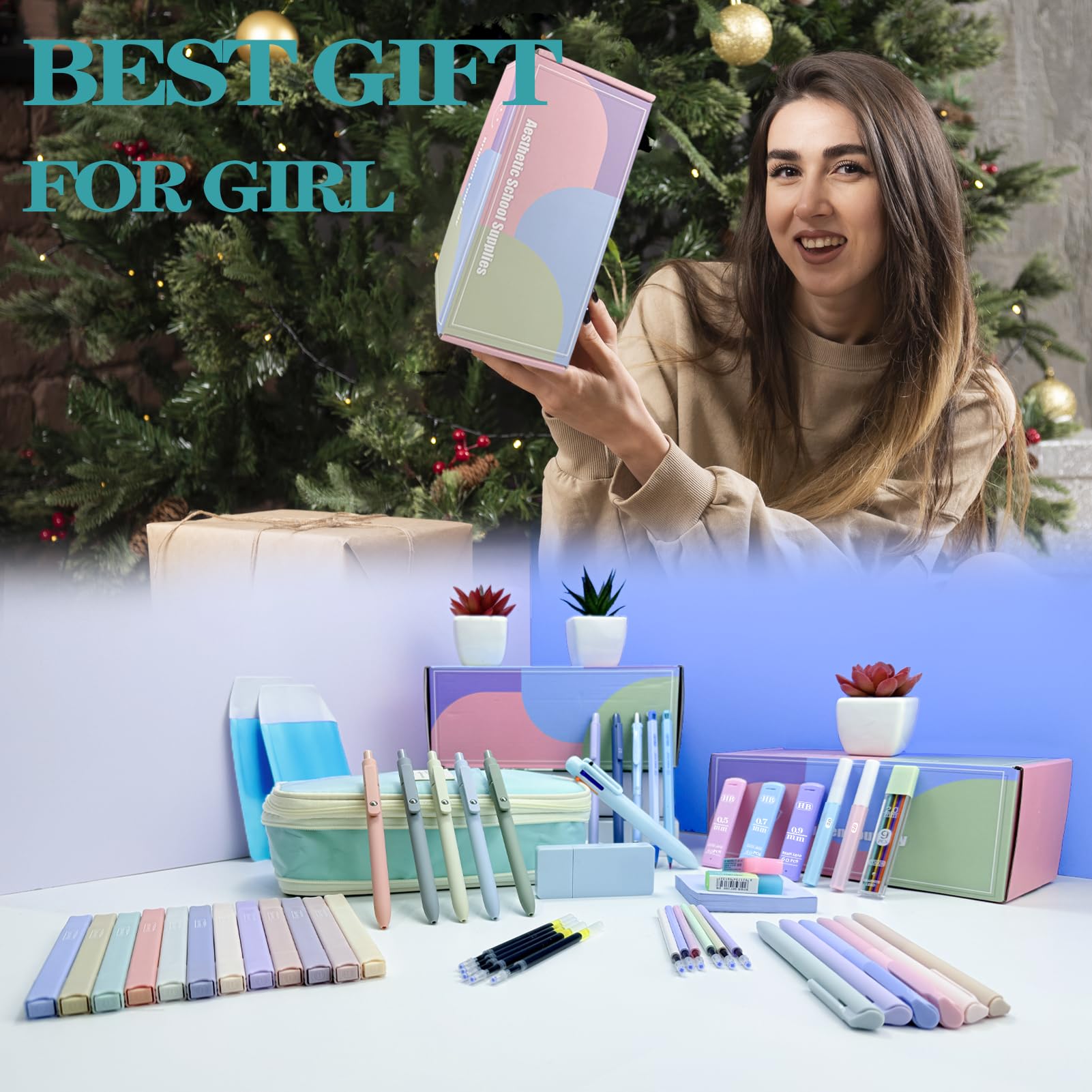 Set di articoli per la scuola estetica, 54 pezzi, con astuccio, 12 evidenziatori, 5 penne gel nere e 6 colorate, penna a sfera 6 in 1, 5 matite meccaniche da 0,5-2,0 mm, per articoli essenziali per il