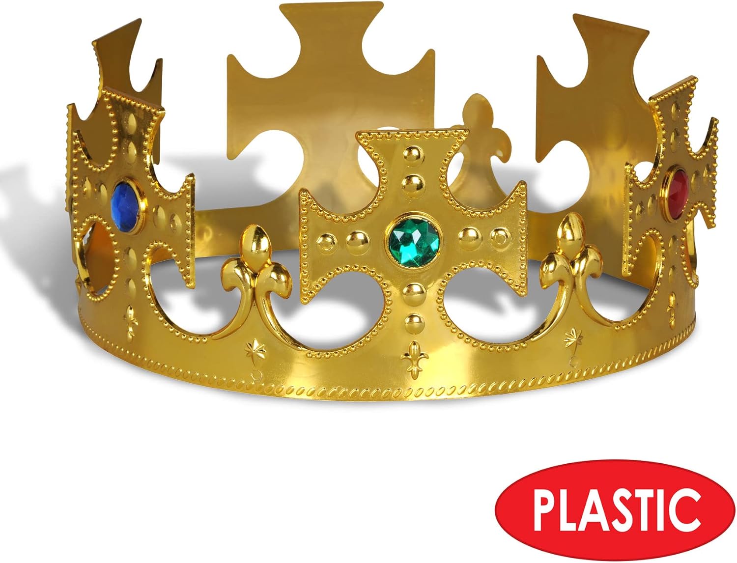 Beistle Plastic Jeweled King’s Crowns – 6-Count Gold Adjustable Costume Headpieces with Gems for Medieval Birthday Parties, Stage Plays, Photo Booths, Mardi Gras and Royal Celebrations