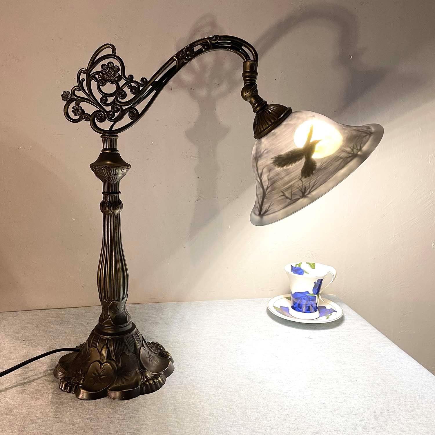 Bieye L13006 Hand-Painted Raven Table Lamp, Bridge Arm Desk Lamp with Adjustable Shade for Halloween Home Decor (Dark Blue, 21.7" H Bridge Arm)