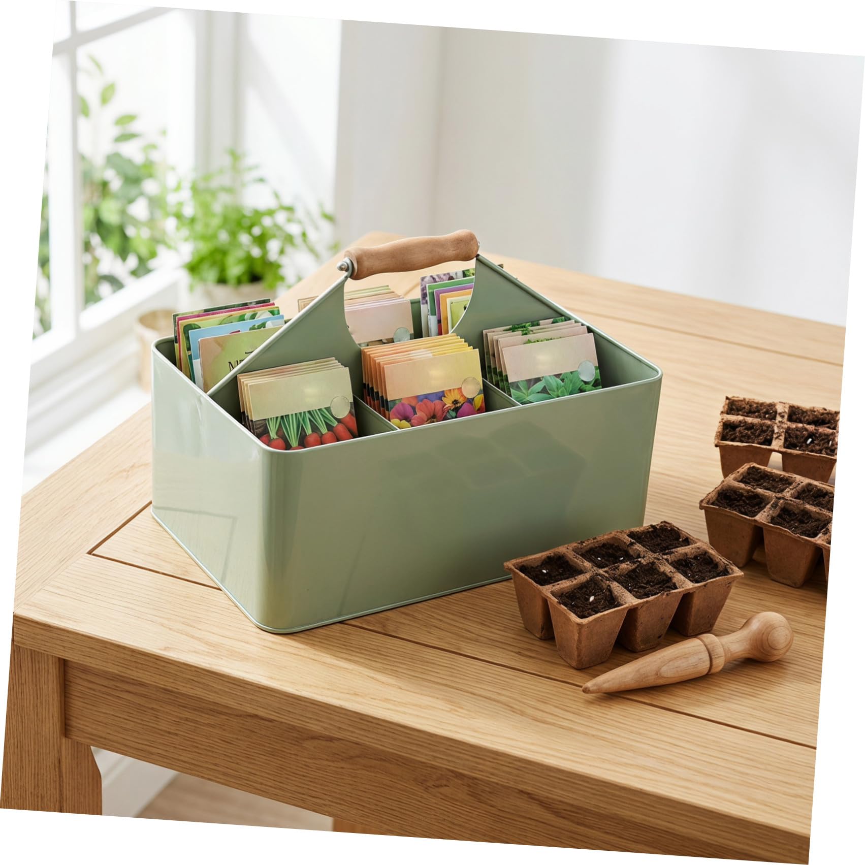 Toyvian Boîte de Rangement Surface Lisse pour Semences de Jardin en Fer Vert Résistante à Déformation avec 4 Compartiments et Poignée Facile à Nettoyer, Résistante la Déformation, pour
