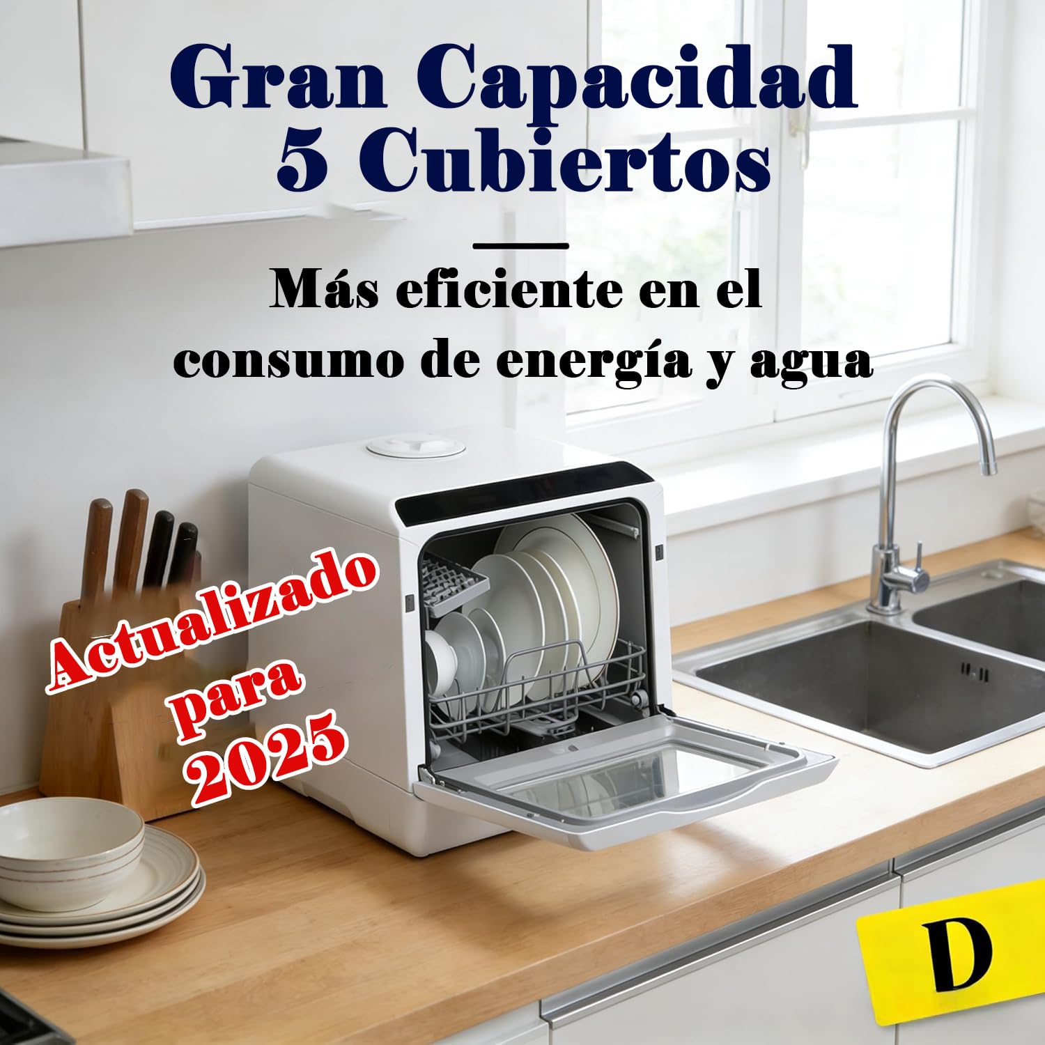 YU YUSING Mini Lavavajillas Pequeño 45 cm, 5 Cubiertos, 5+1 Programas, Secado PTC, con o sin Suministro de Agua, Lavavajillas Portatil Compacto, Tanque de 5 L, Pantalla LED, Blanco y Negro