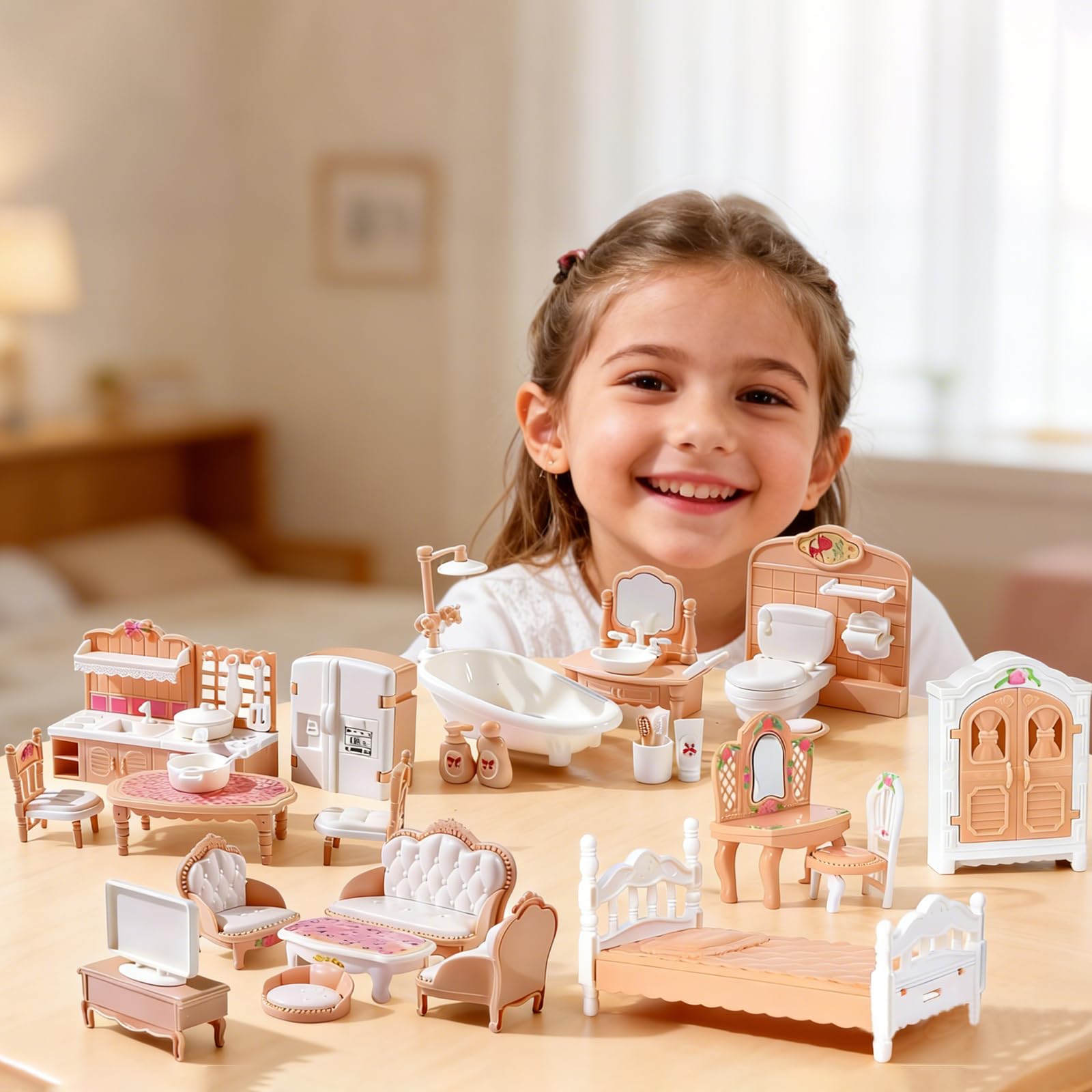 Set 34 Pièces Mobilier Maison De Poupée – Cuisine, Salon, Chambre, Salle De Bain – Plastique – Cadeau Enfant