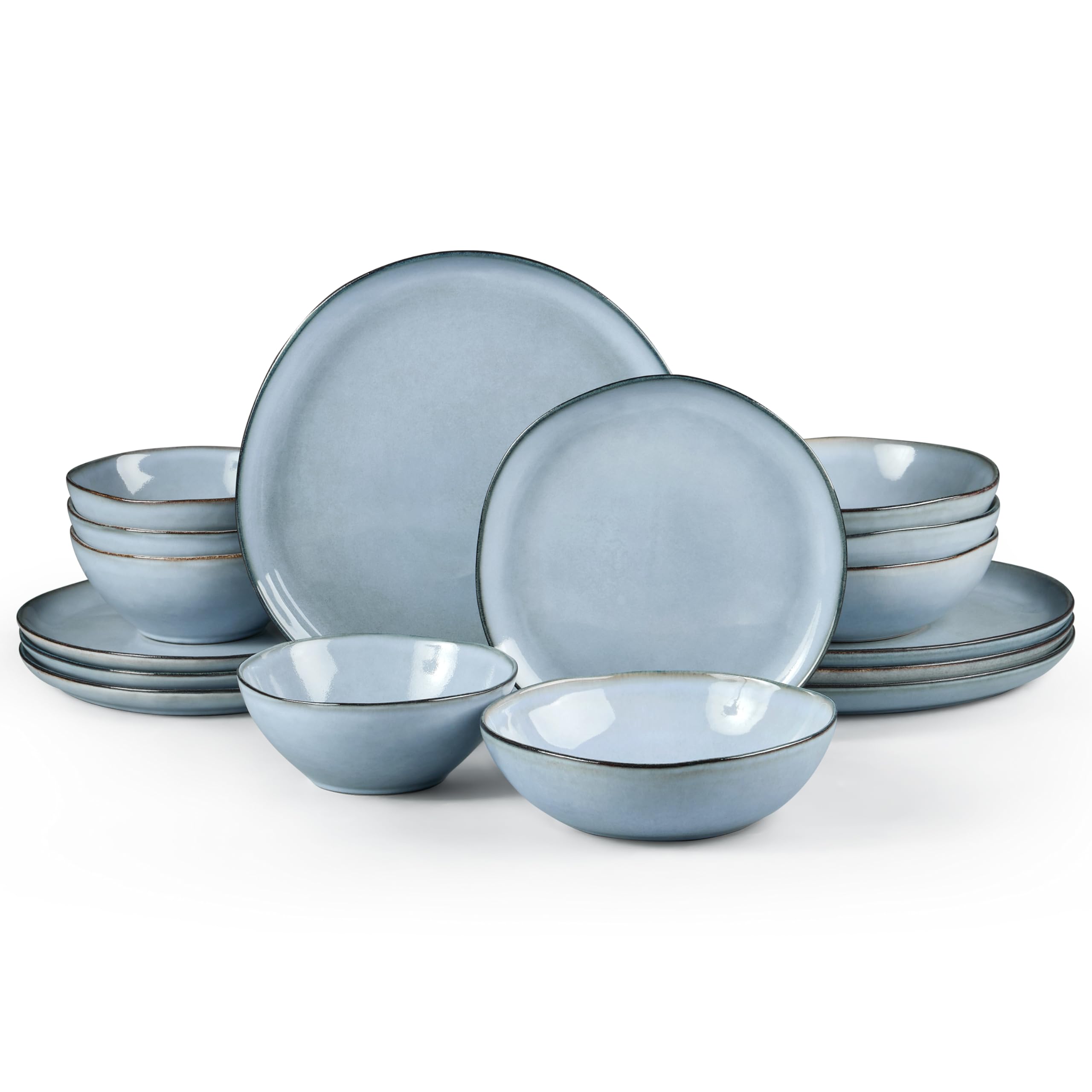 HaWare Plates and Bowls Set, Stoneware Dinnerware Sets, 16-Piece Hand-painted Dishware for 4, Ceramic Dish Set for Home Kitchen, Scratch Resistant, Microwave and Dishwasher Safe, Reactive Foggy Blue