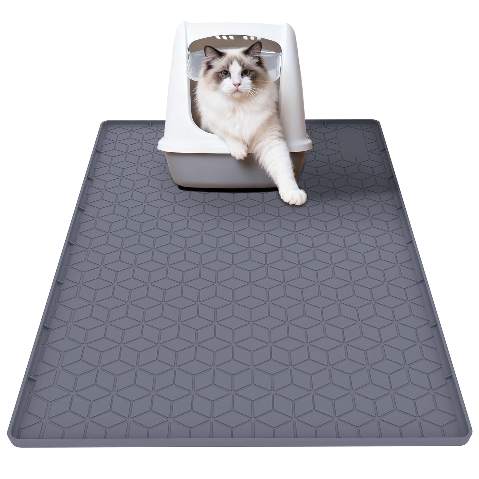 Capslpad Silicone Cat Litter Mat 86x56cm, Large Litter Tray Mat, Waterproof Cat Mat for Litter Box, Soft Cats Litter Trapping Mat with Raised Edges, Non-Slip Easy Clean Feeding Mats, Keep Floors Tidy