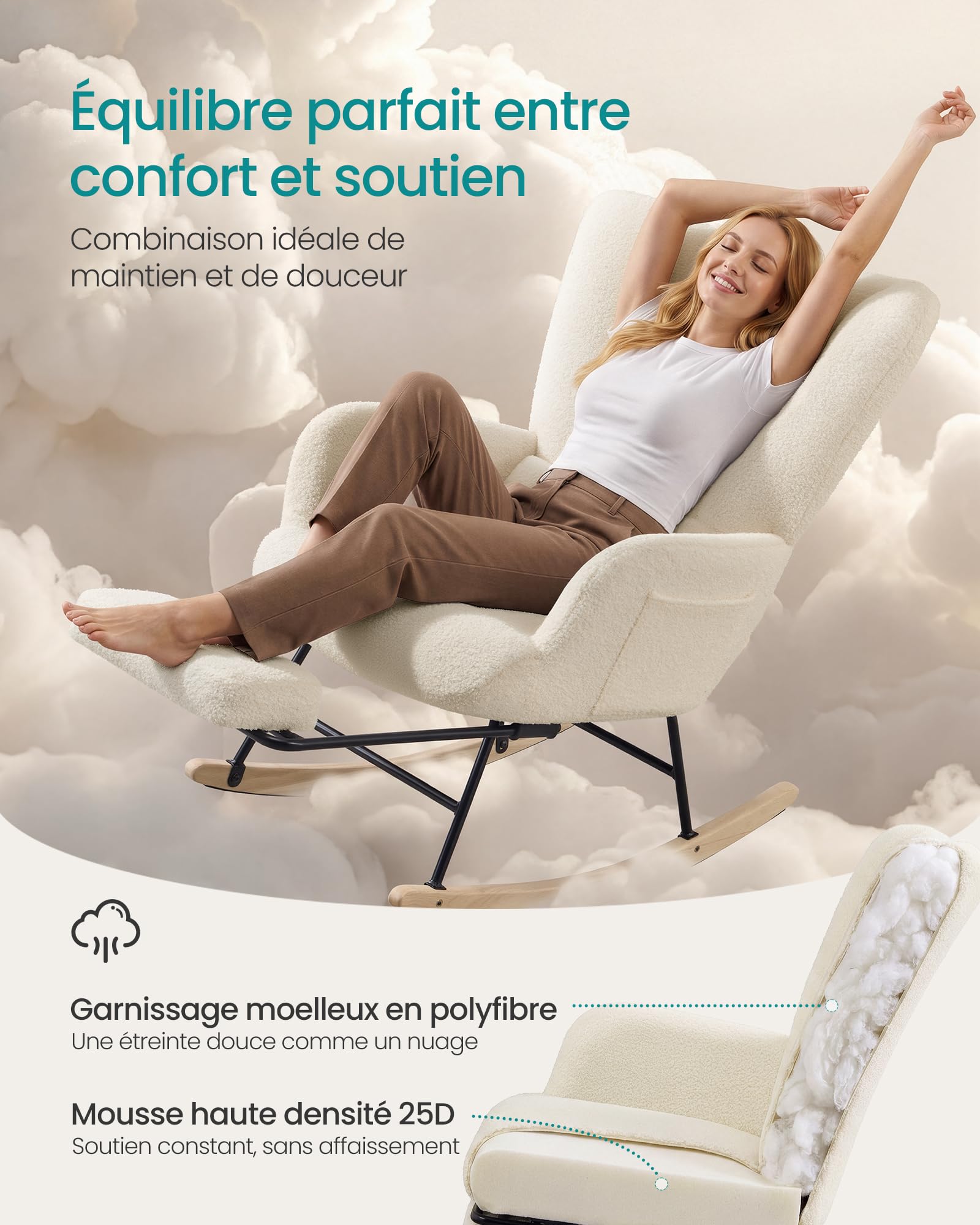 SONGMICS Fauteuil à Bascule, Chaise à Bascule avec Repose-Pieds Escamotable, Coussin Amovible, Poches Latérales, Pieds en Bois, Tissu Peluche, pour Chambre, Salon, Blanc Crème LYY018W101