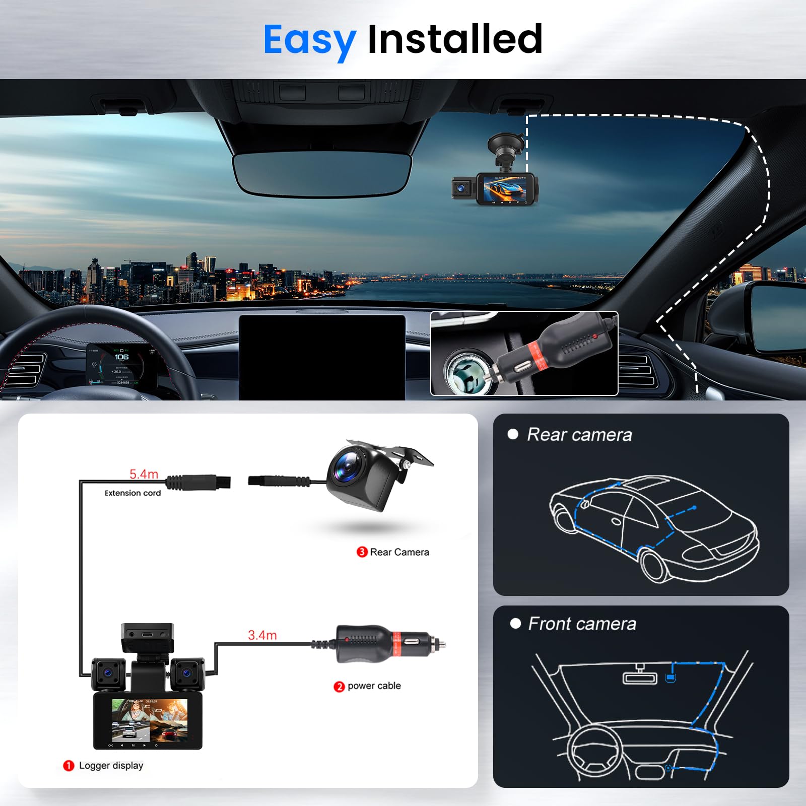 Hodozzy 2K Dashcam Voiture 360° avec 5GHz WiFi, 4 Caméras Avant Arrière Intérieur Gauche, Nachtsicht Ohne Licht, Écran Tactile IPS 3", Enregistrement en Boucle, Capteur G,Aide à la Marche arrière