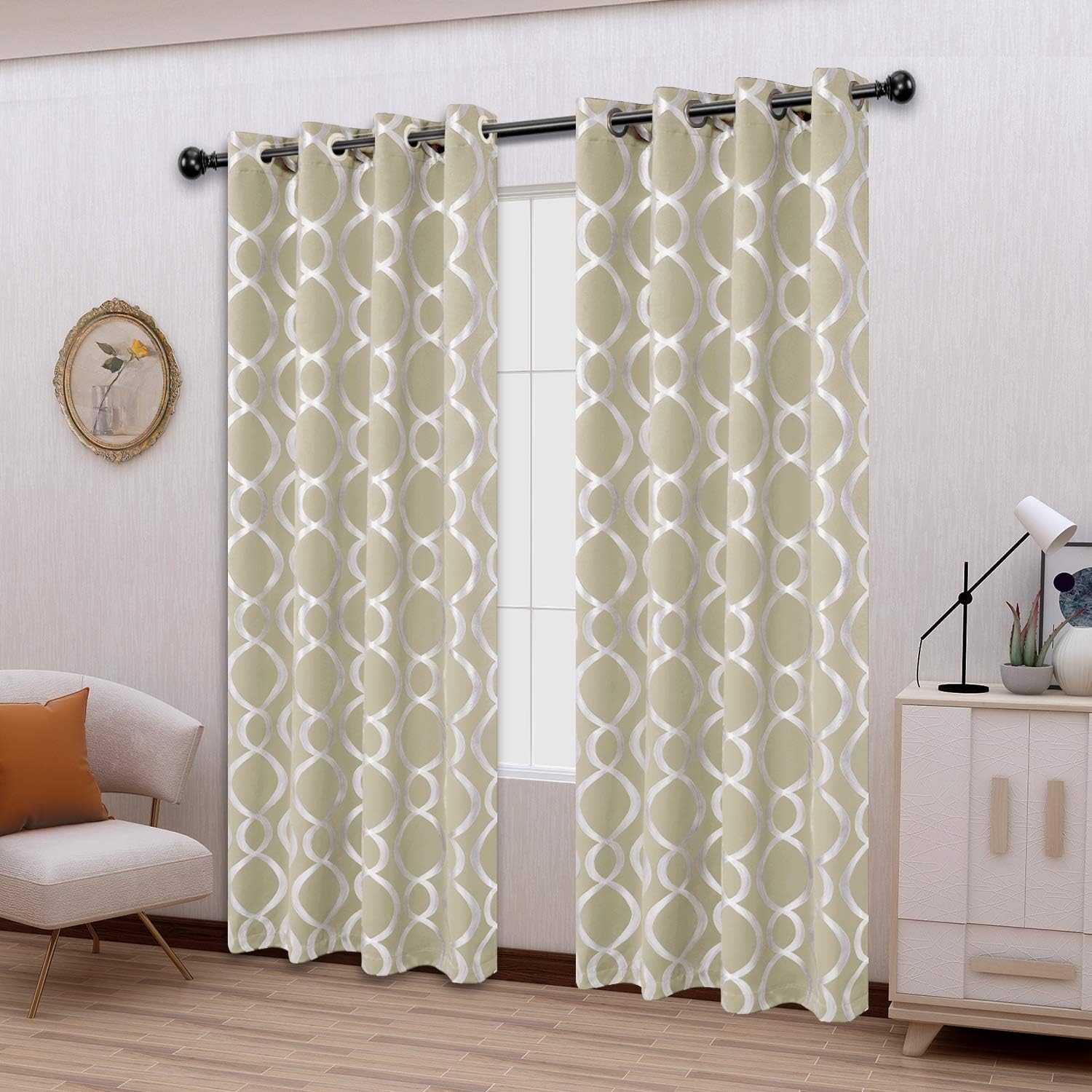 LORDTEX Geometric Foil Print Blackout Curtains for Bedroom and Living Room - Sun Light Blocking, Thermal Insulating Curtain Panels, Grommet Top Window Drapes, Set of 2, Cream, 52 x 84 Inches Long